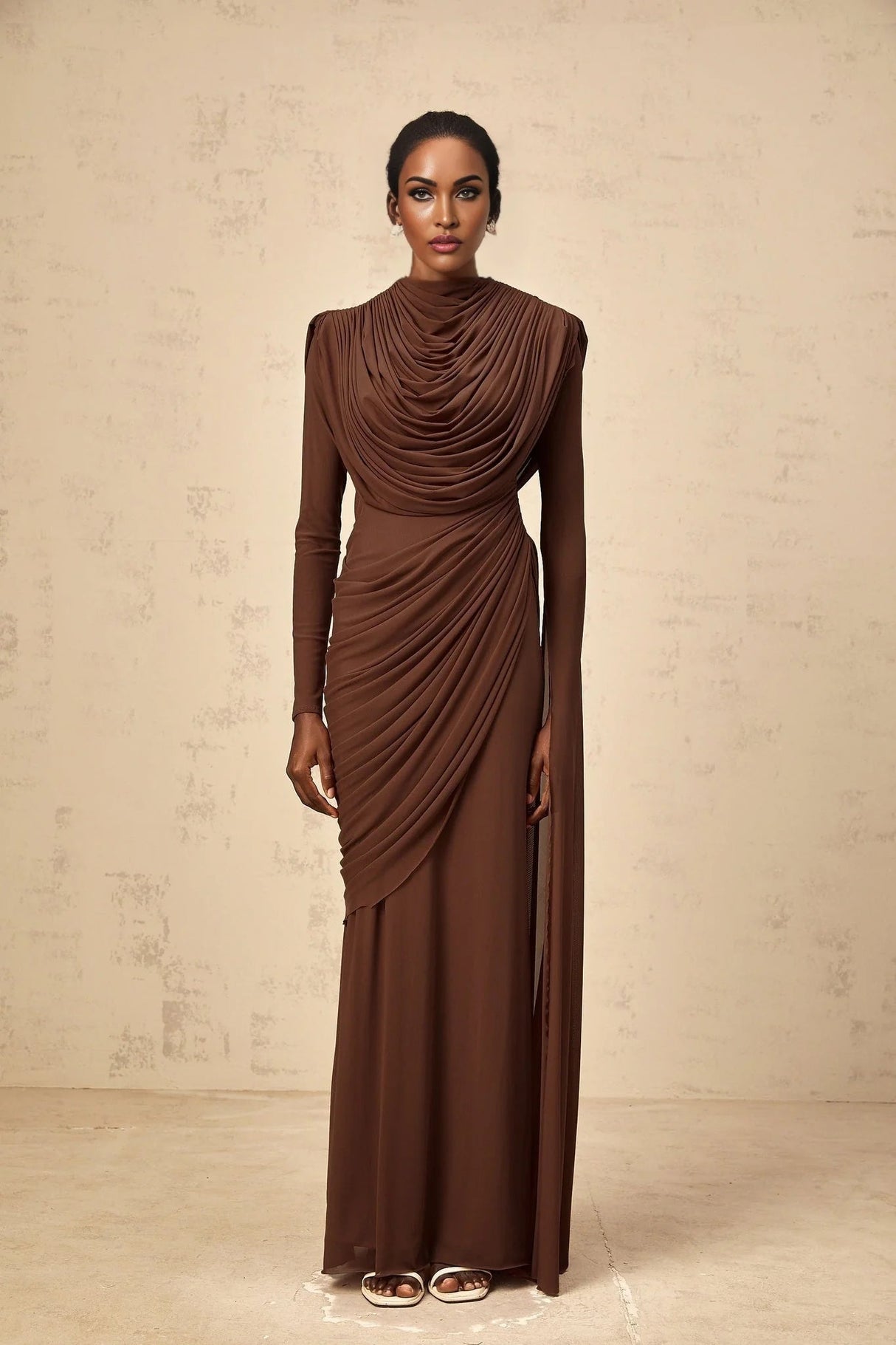 Maddalena Maxi Dress Brown Shirred Draped & Fitted