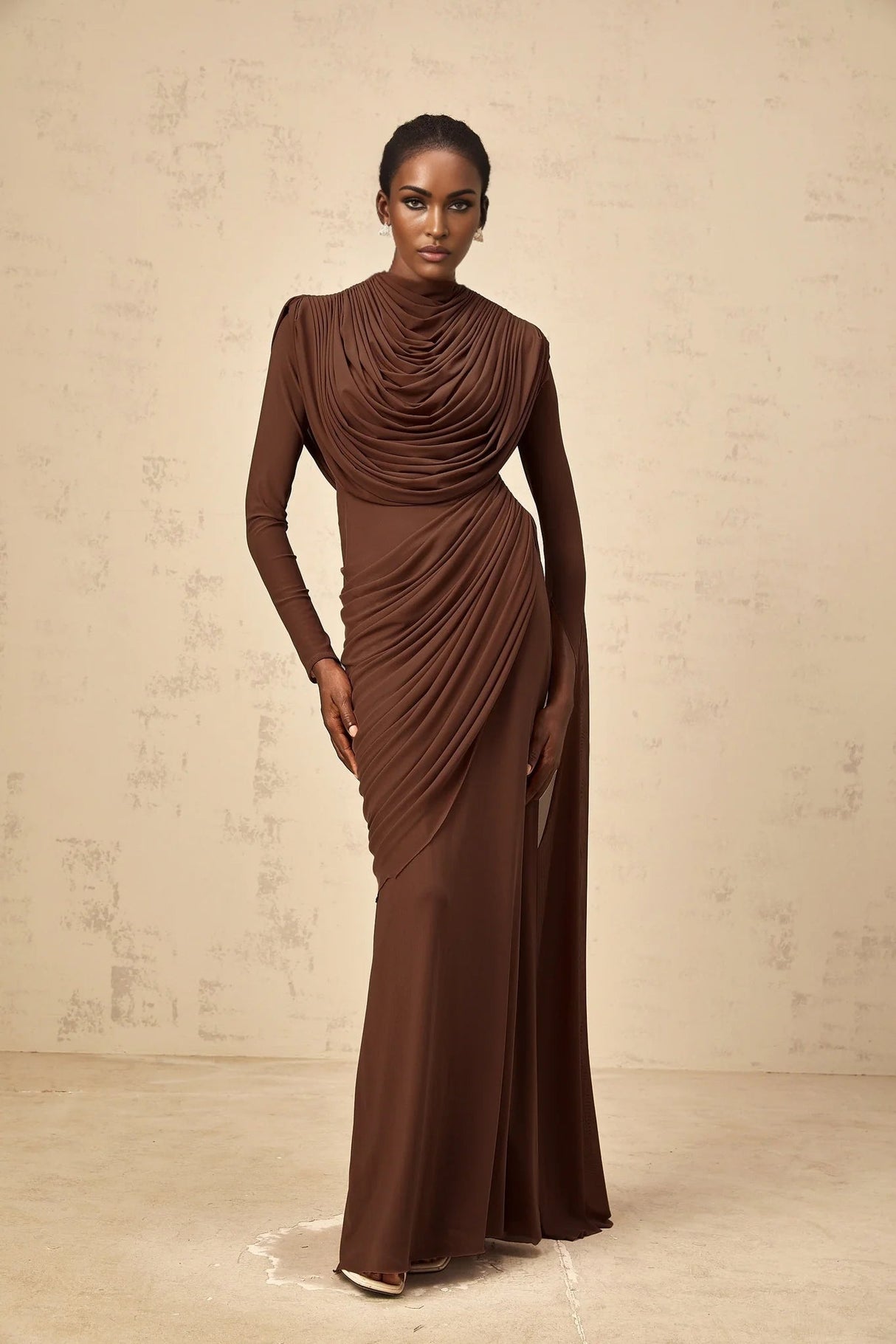 Maddalena Maxi Dress Brown Shirred Draped & Fitted