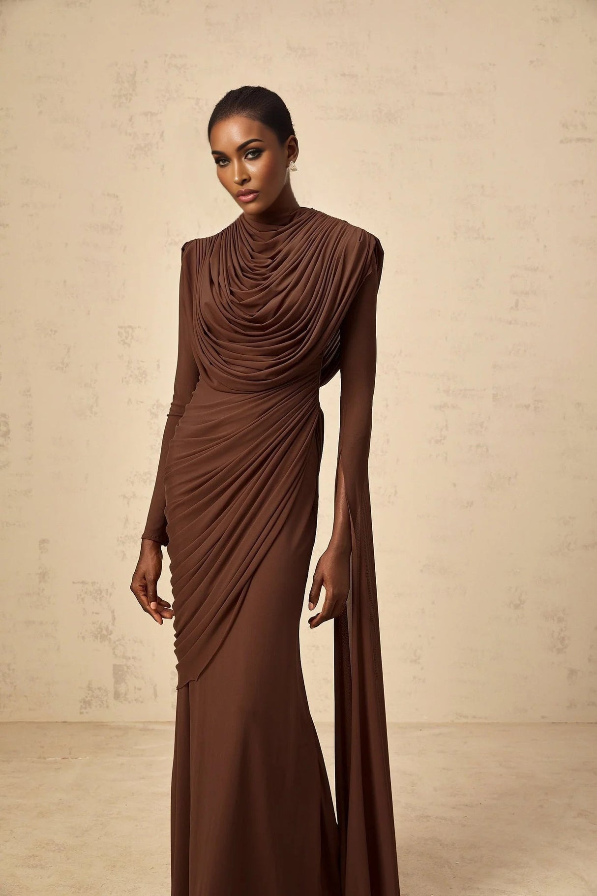 Maddalena Maxi Dress Brown Shirred Draped & Fitted