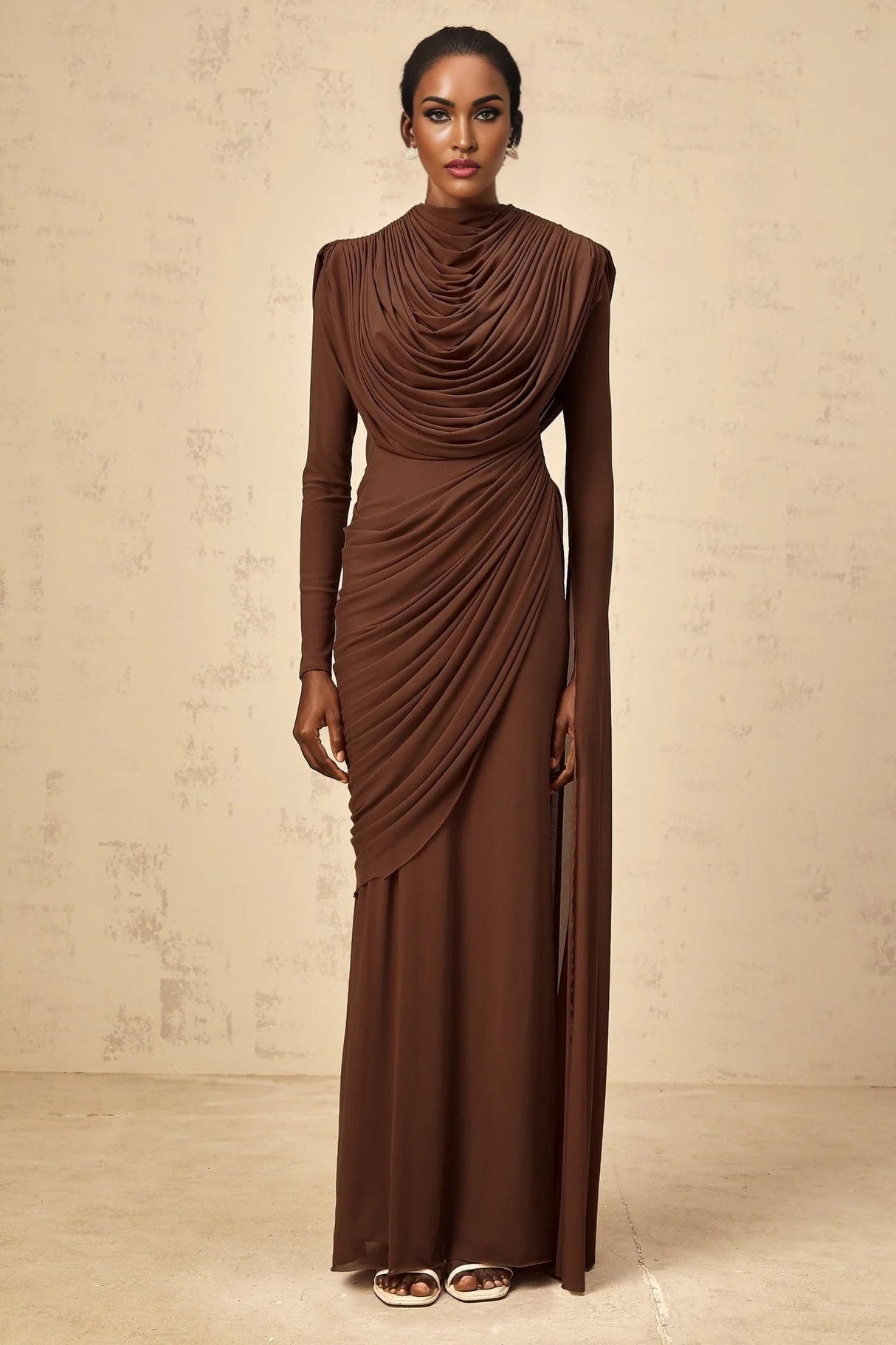 Maddalena Maxi Dress Brown Shirred Draped & Fitted