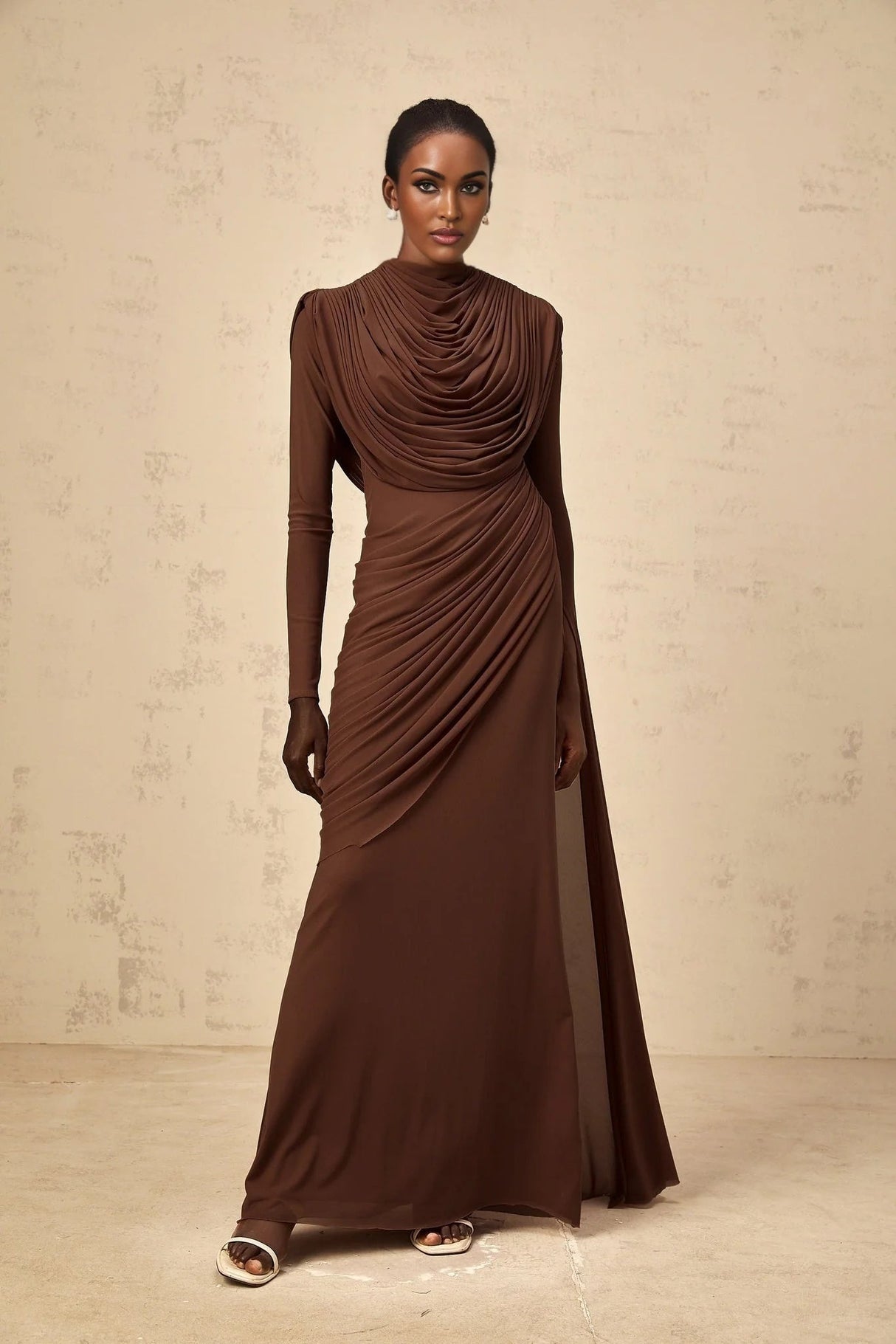 Maddalena Maxi Dress Brown Shirred Draped & Fitted