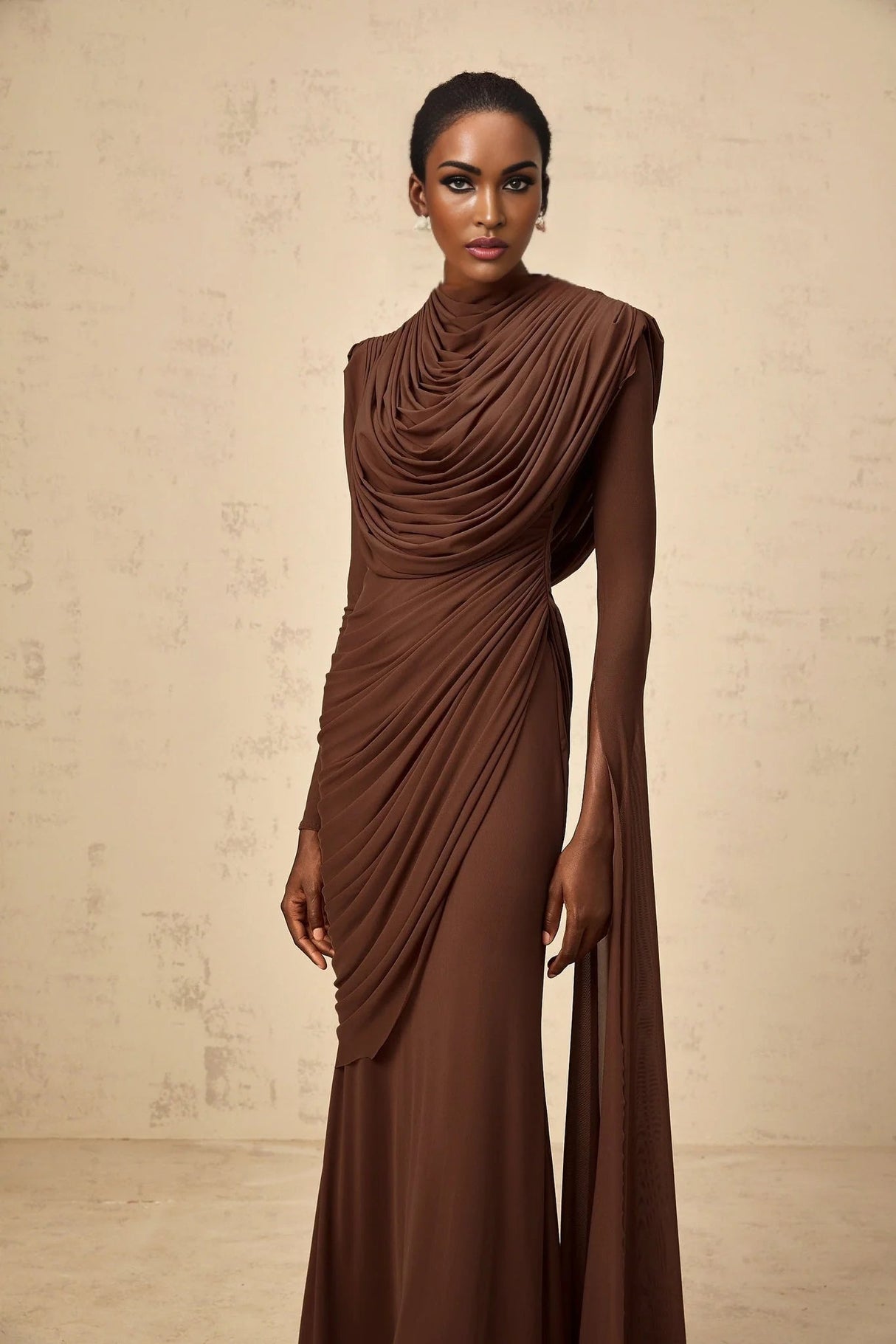 Maddalena Maxi Dress Brown Shirred Draped & Fitted