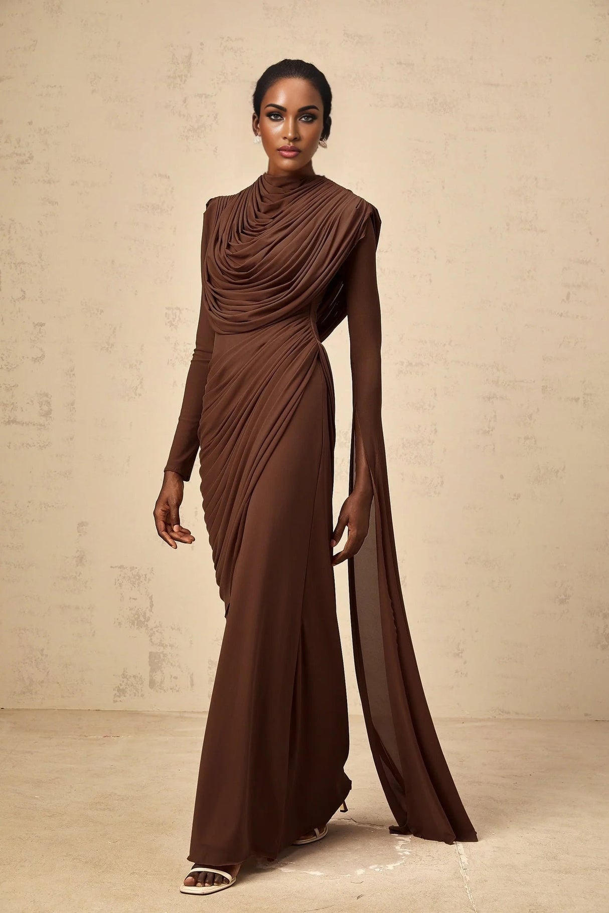 Maddalena Maxi Dress Brown Shirred Draped & Fitted