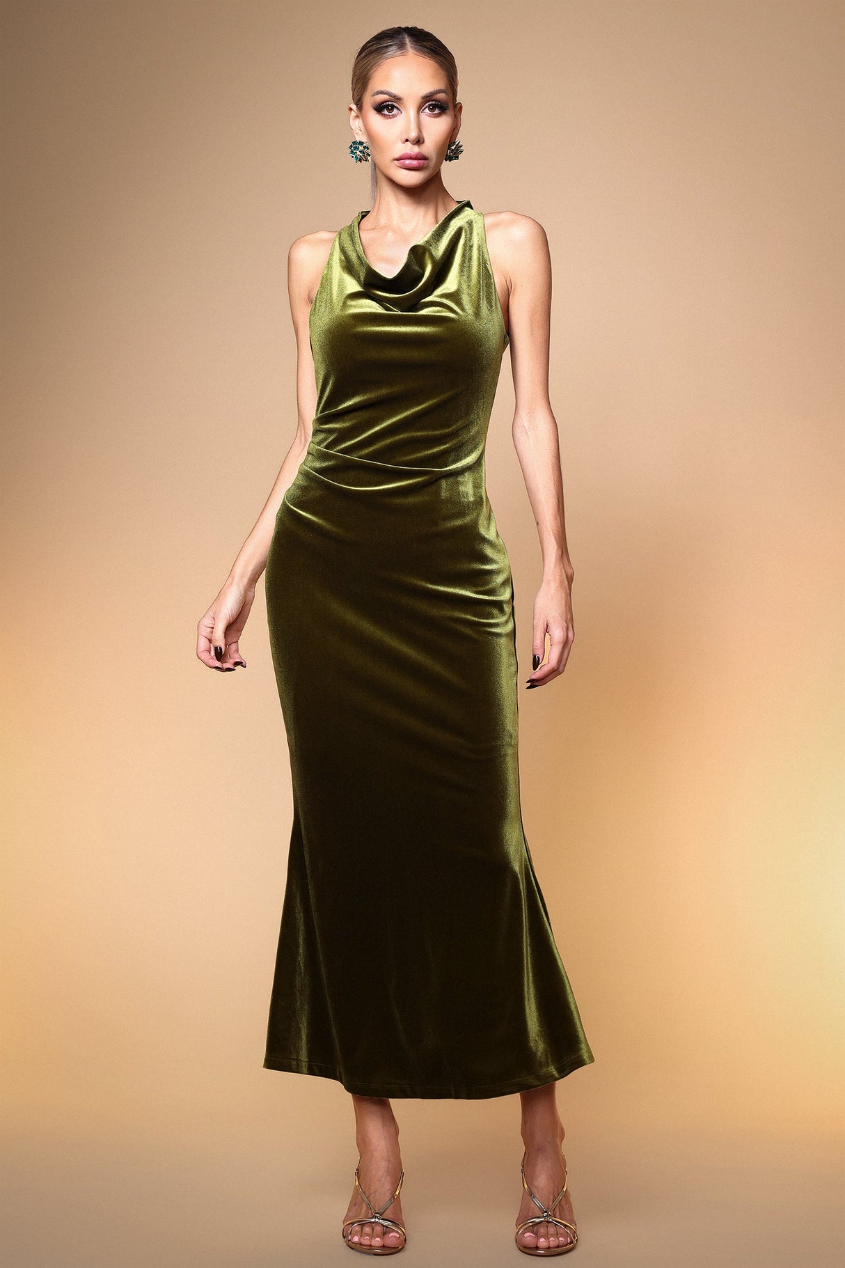 Madeline Green Velvet Maxi Dress with Cowl Collar for Formal Occasions