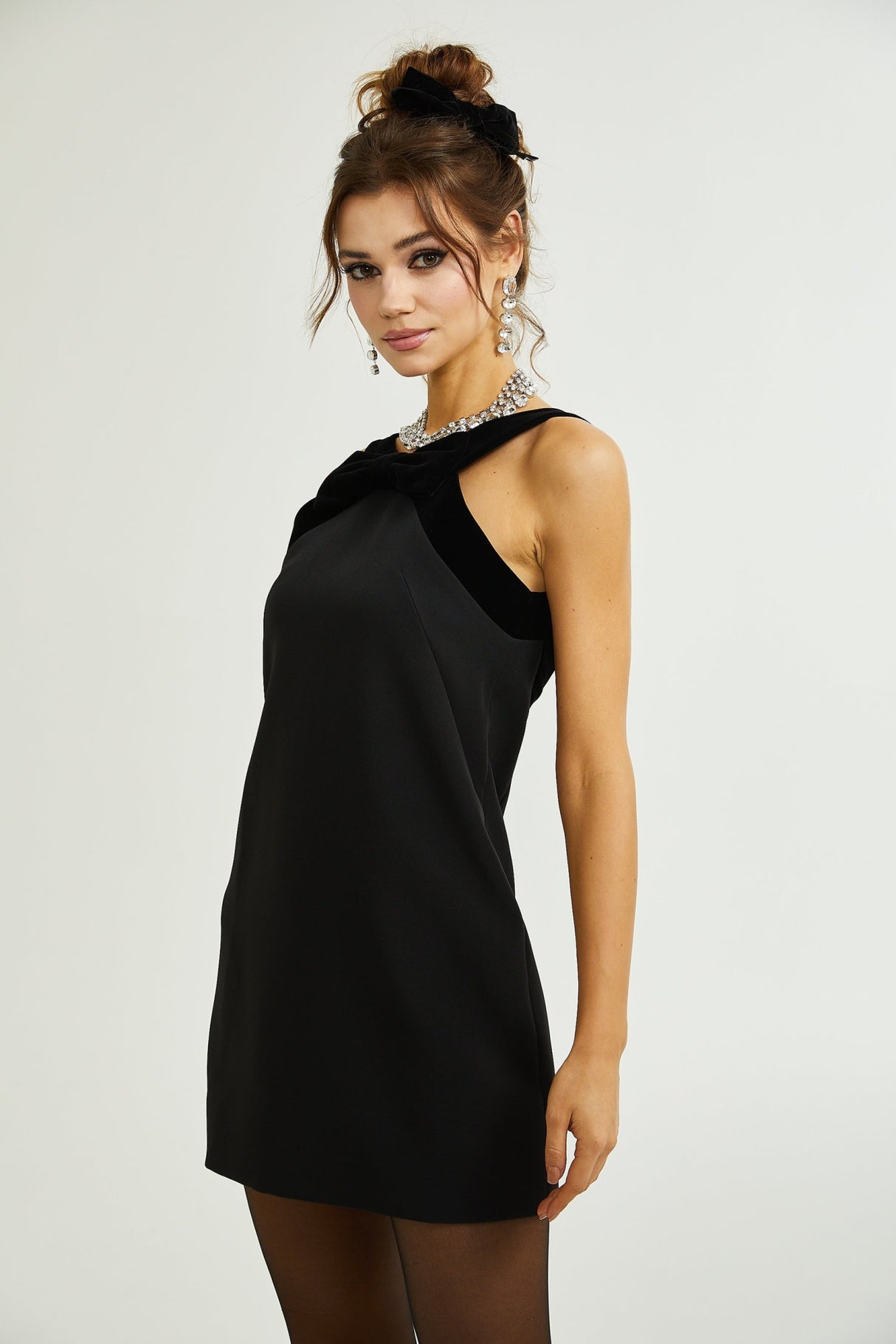 Madelyn Mini Dress Black Wool Velvet Bow Low Back