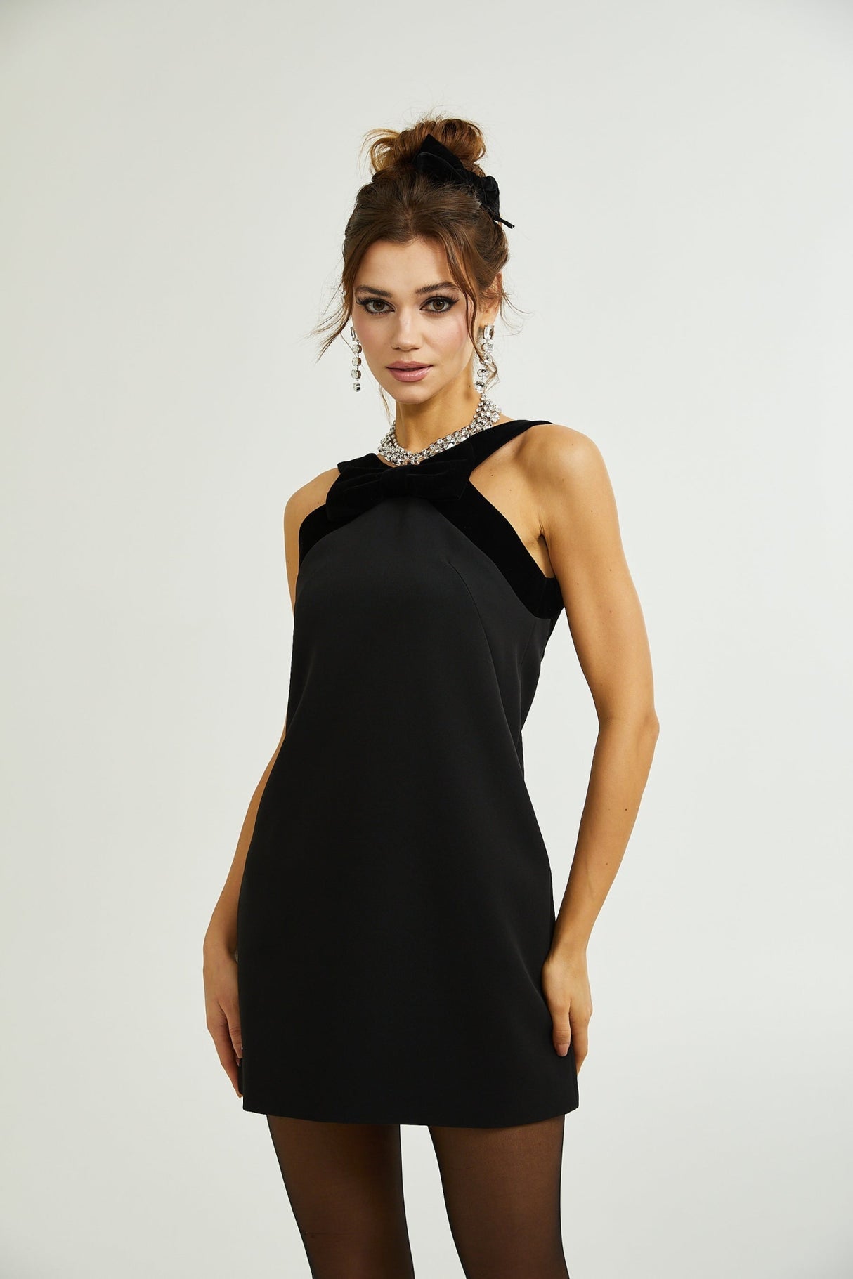 Madelyn Mini Dress Black Wool Velvet Bow Low Back