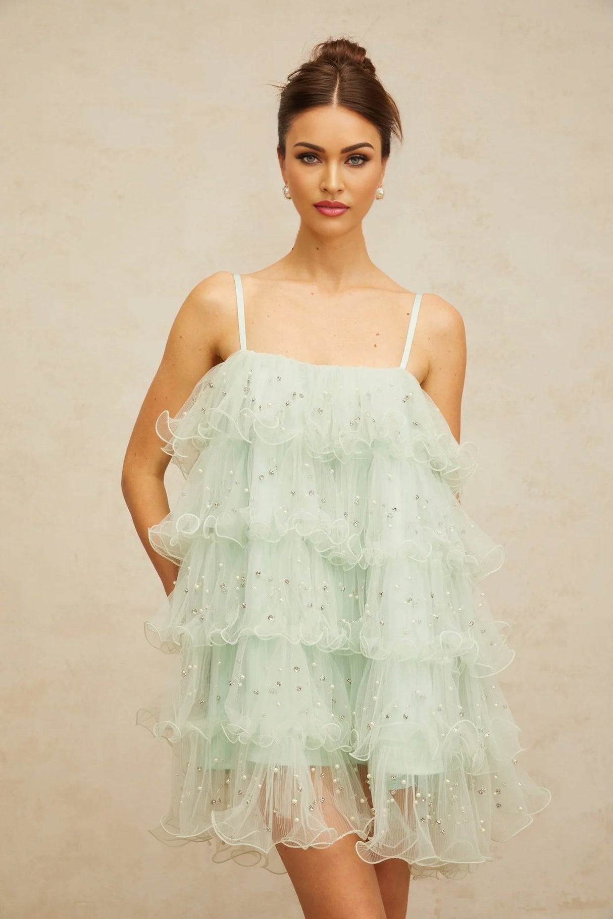 Madelyn Mini Dress Green Tulle Tiered Embellished