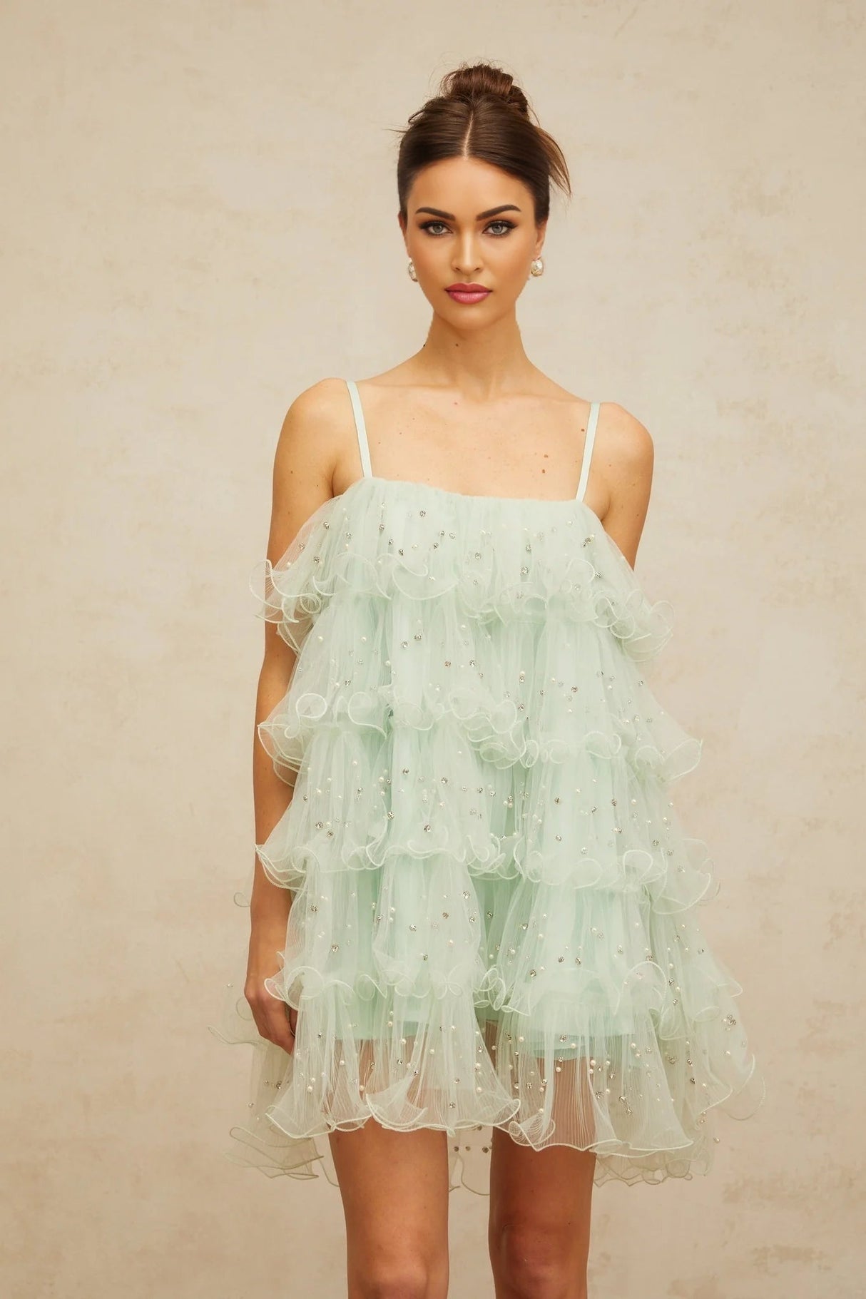 Madelyn Mini Dress Green Tulle Tiered Embellished