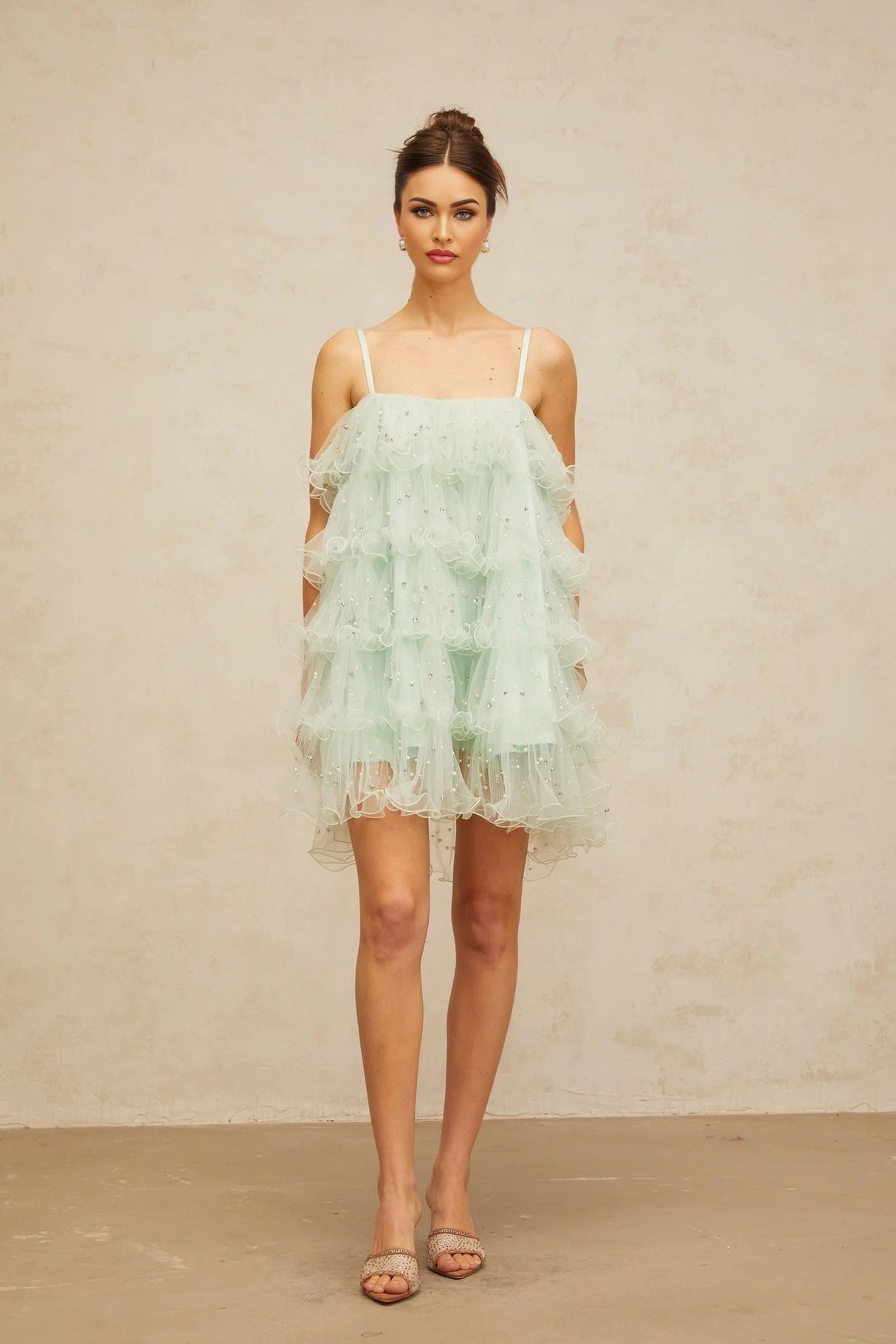 Madelyn Mini Dress Green Tulle Tiered Embellished