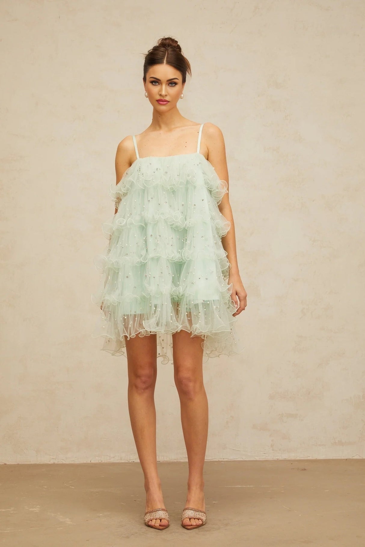 Madelyn Mini Dress Green Tulle Tiered Embellished