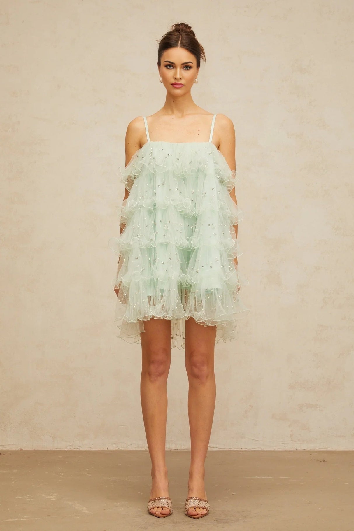Madelyn Mini Dress Green Tulle Tiered Embellished