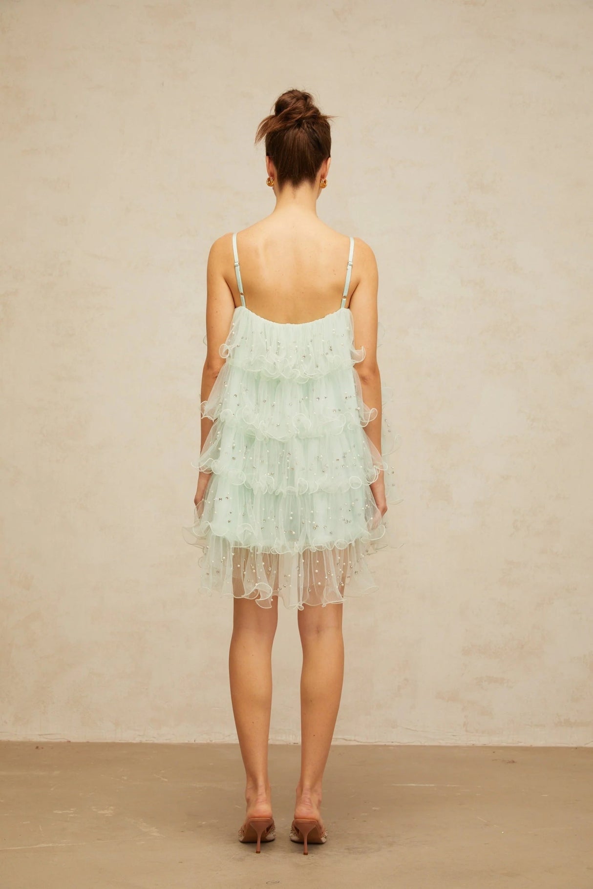 Madelyn Mini Dress Green Tulle Tiered Embellished