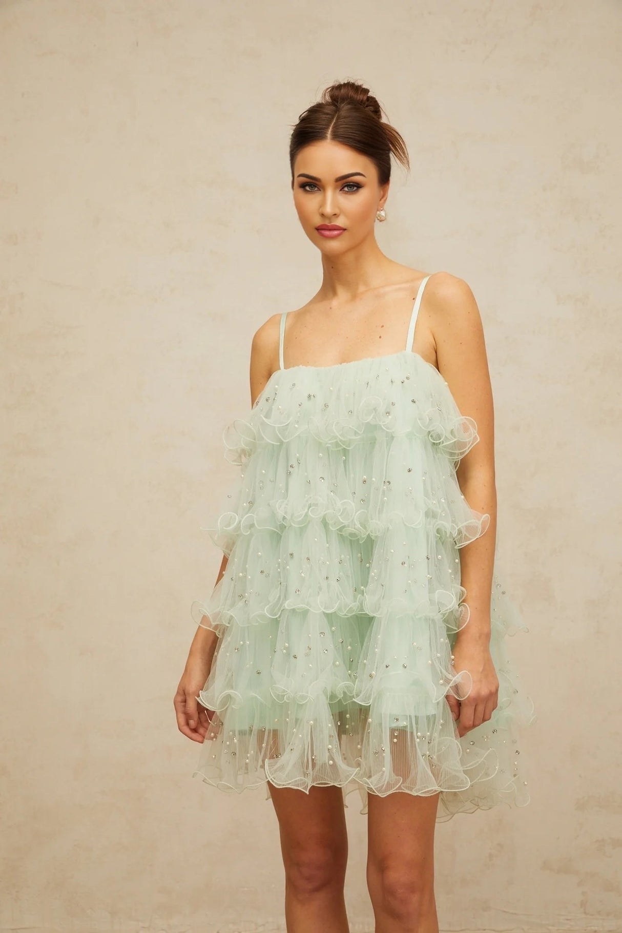 Madelyn Mini Dress Green Tulle Tiered Embellished