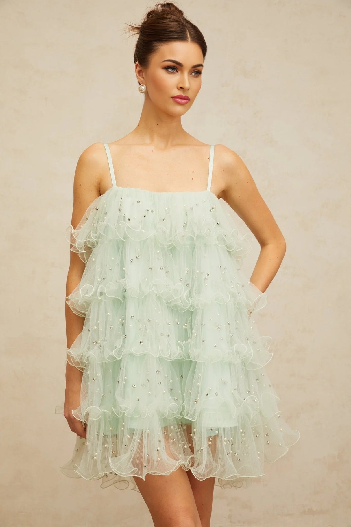 Madelyn Mini Dress Green Tulle Tiered Embellished