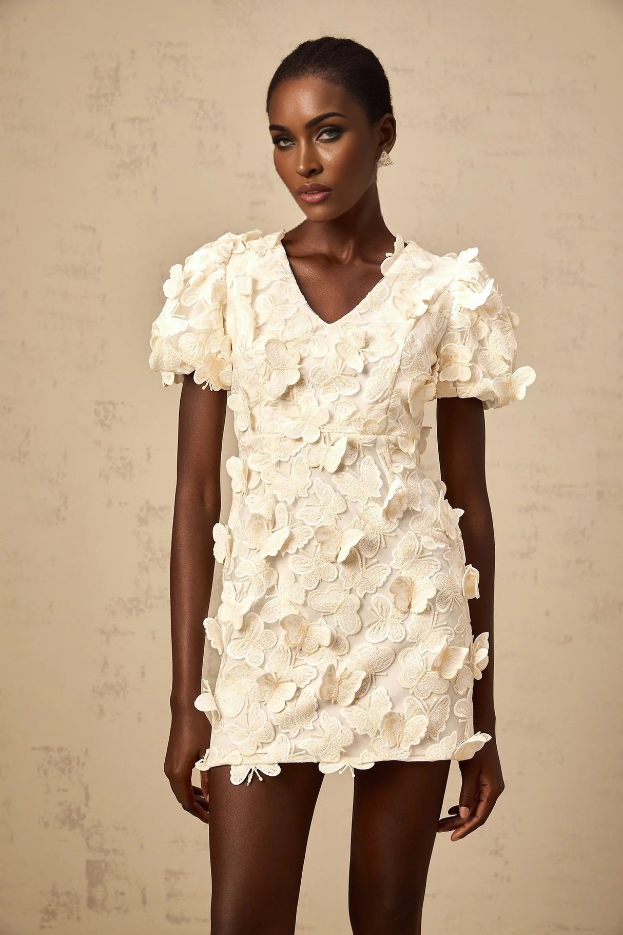 Madelyn Mini Dress Neutral A - line Butterfly Applique