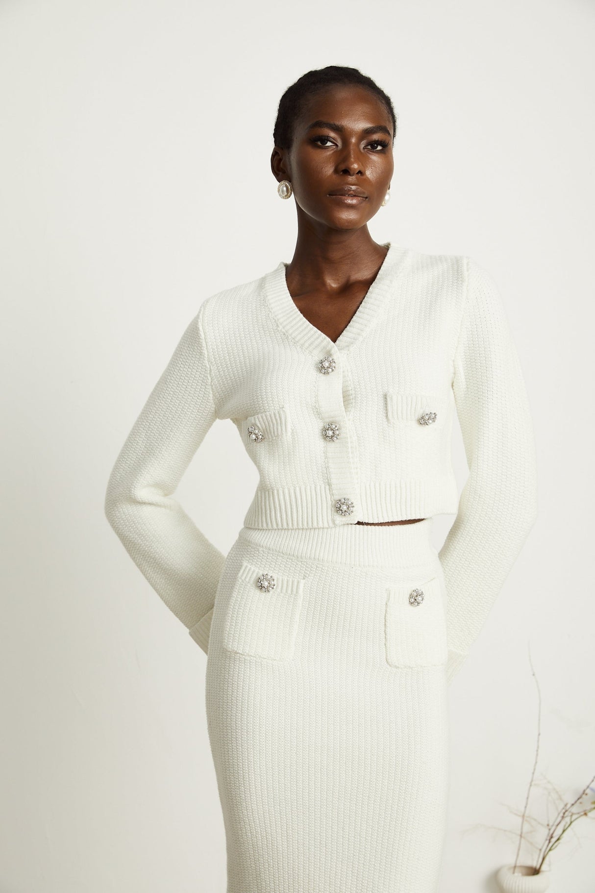 Madisyn Cardigan & Skirt Crystal Button Knit Set