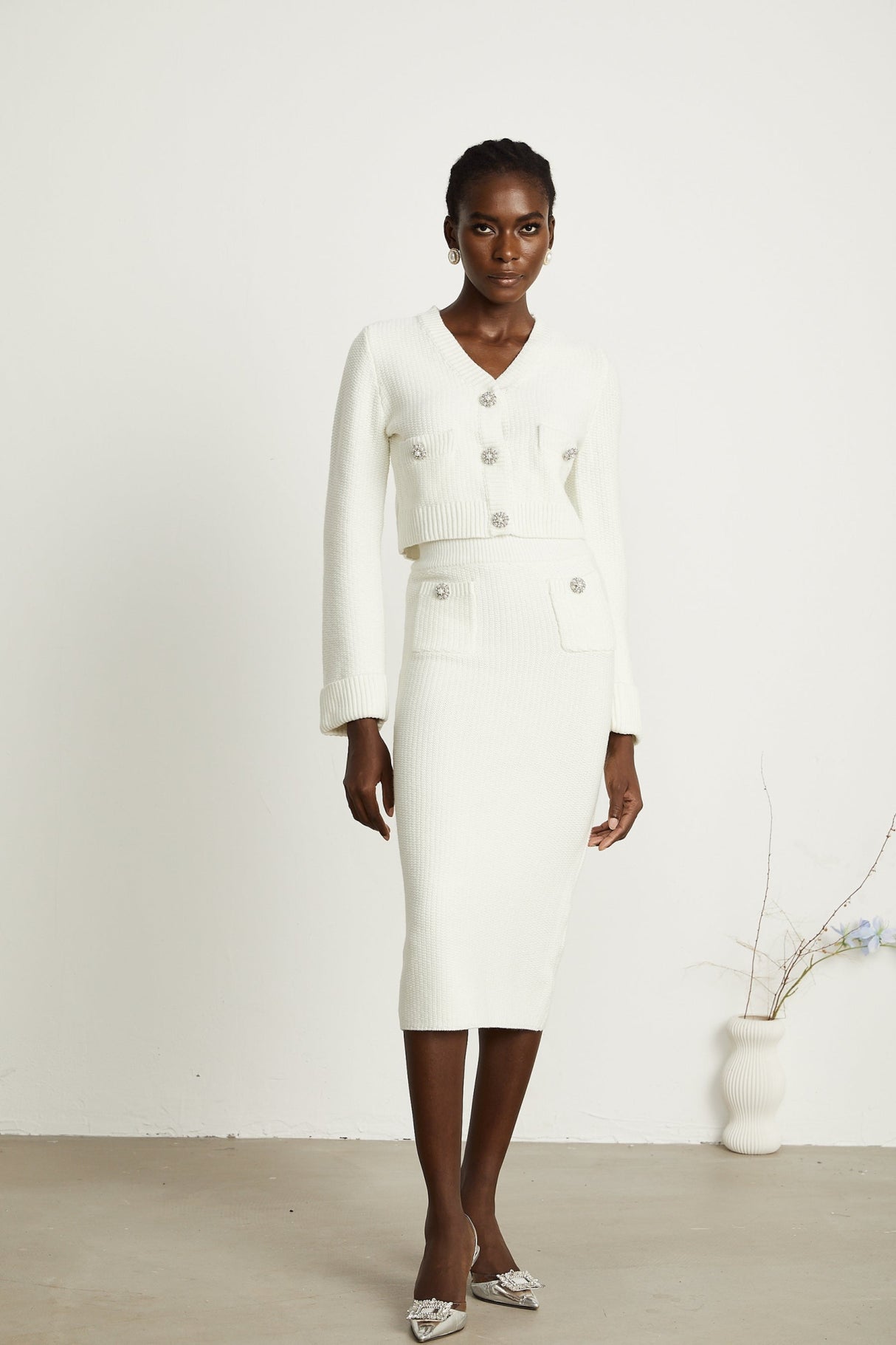 Madisyn Cardigan & Skirt Crystal Button Knit Set