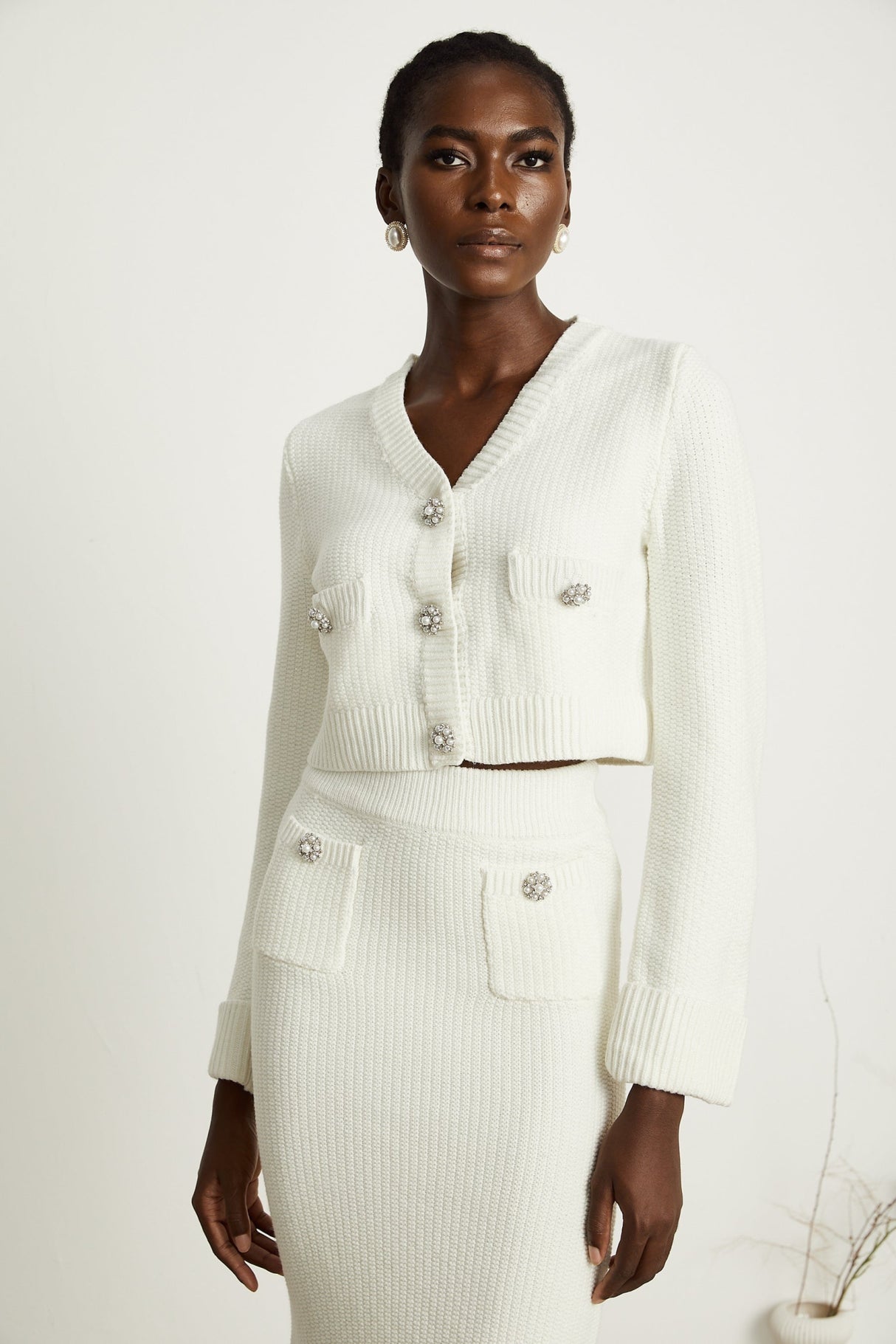 Madisyn Cardigan & Skirt Crystal Button Knit Set