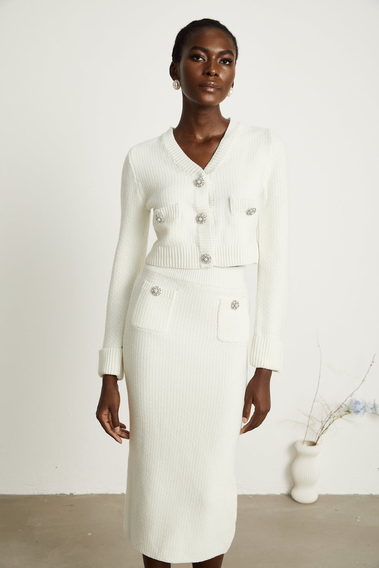 Madisyn Cardigan & Skirt Crystal Button Knit Set