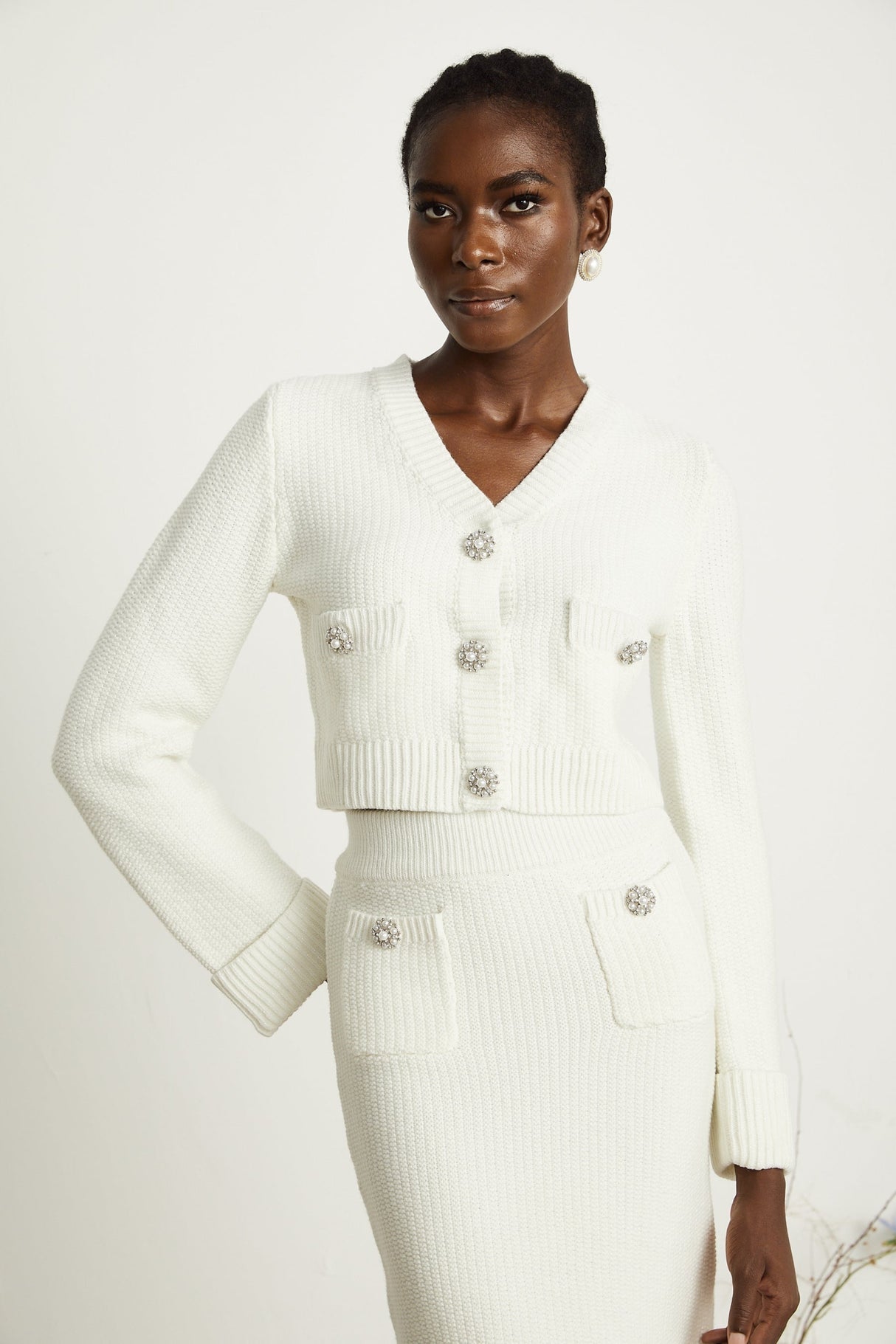 Madisyn Cardigan & Skirt Crystal Button Knit Set