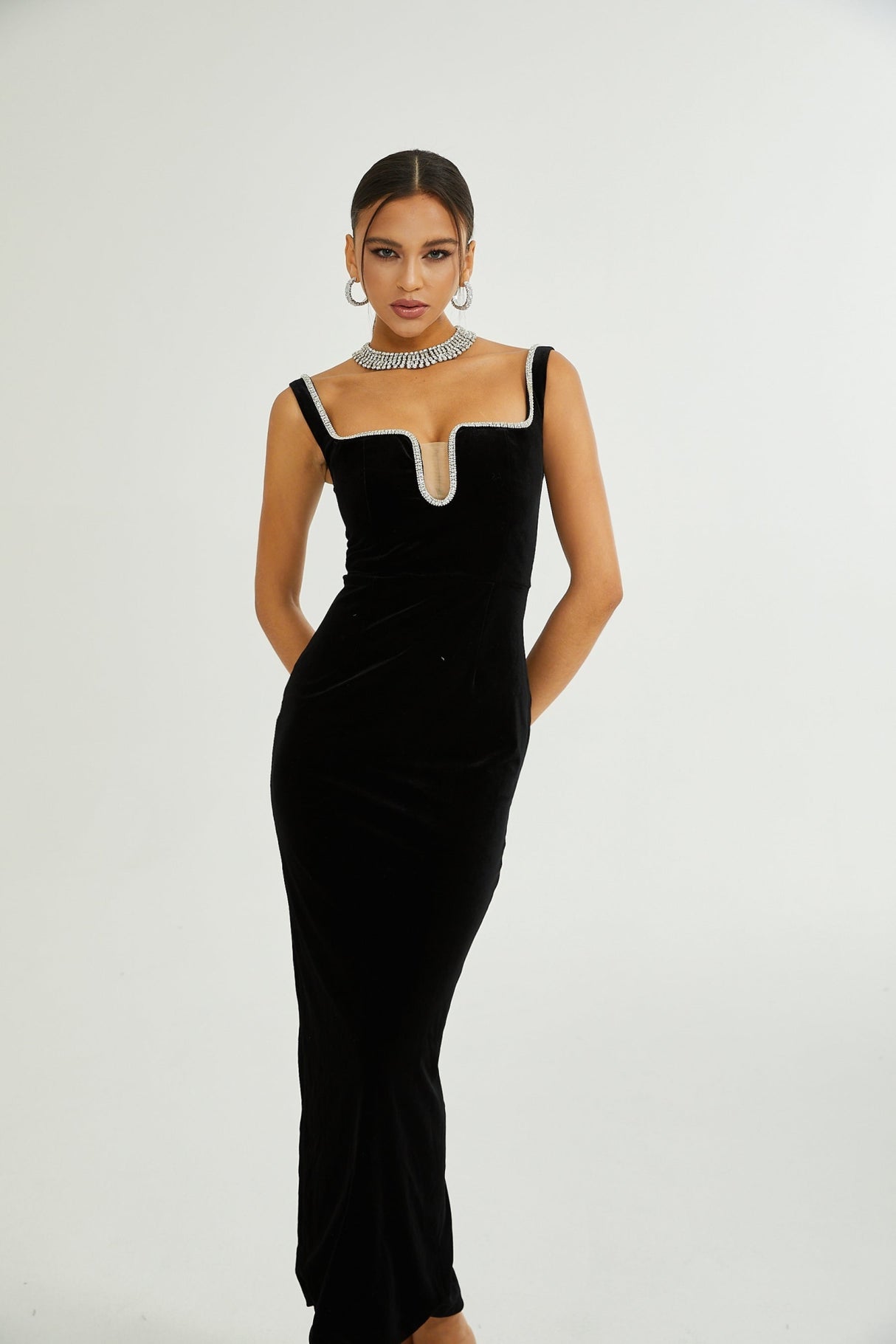 Madisyn Midi Dress Black U - neck Crystal Embellished Zip Fastening