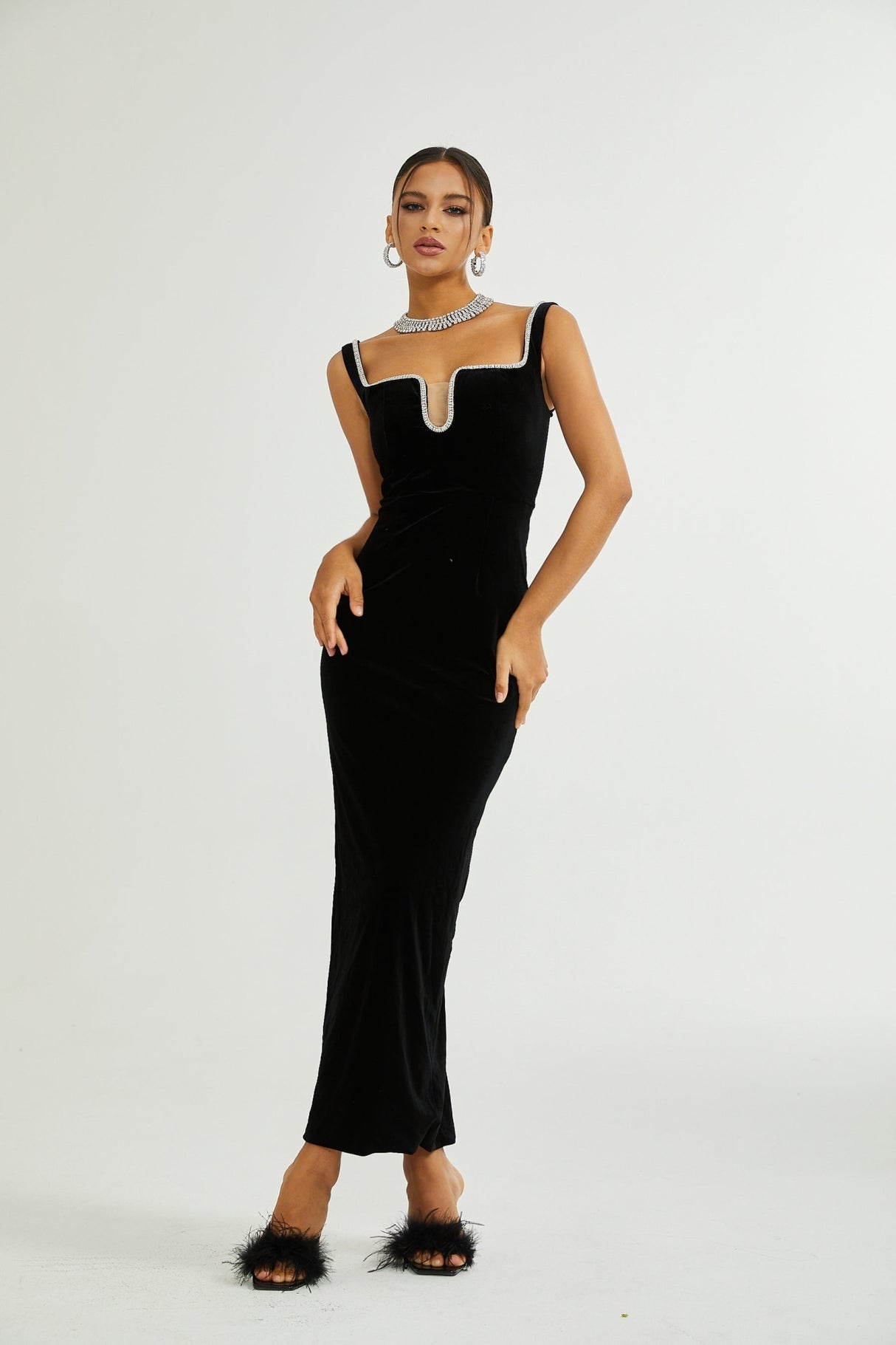 Madisyn Midi Dress Black U - neck Crystal Embellished Zip Fastening