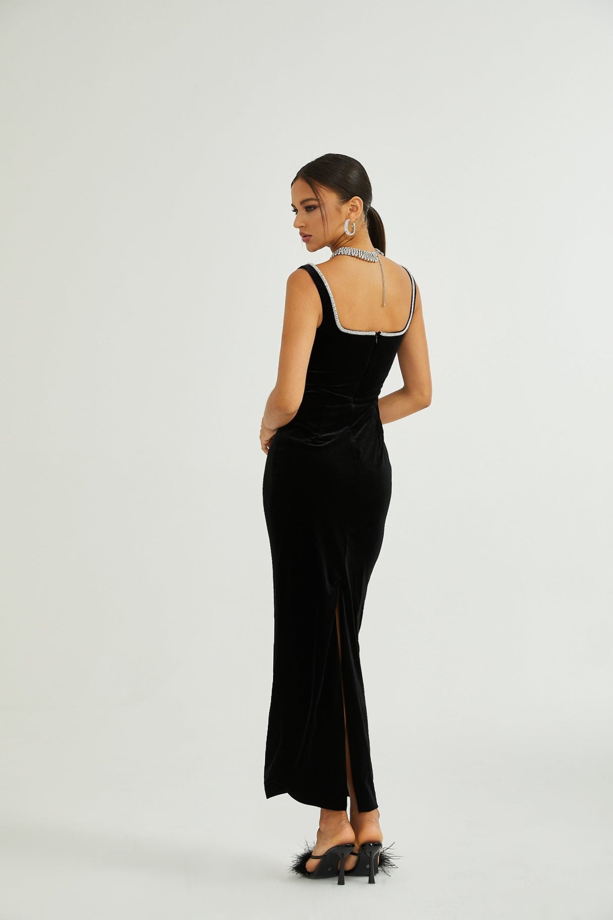 Madisyn Midi Dress Black U - neck Crystal Embellished Zip Fastening