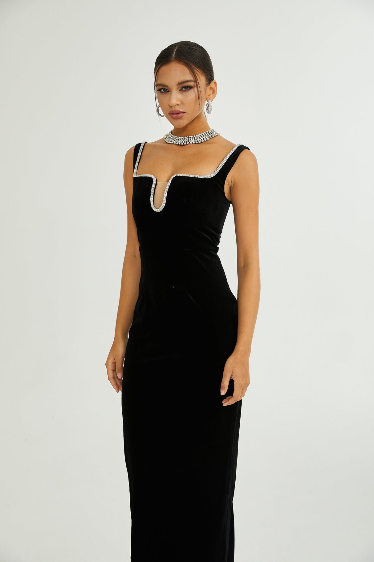Madisyn Midi Dress Black U - neck Crystal Embellished Zip Fastening