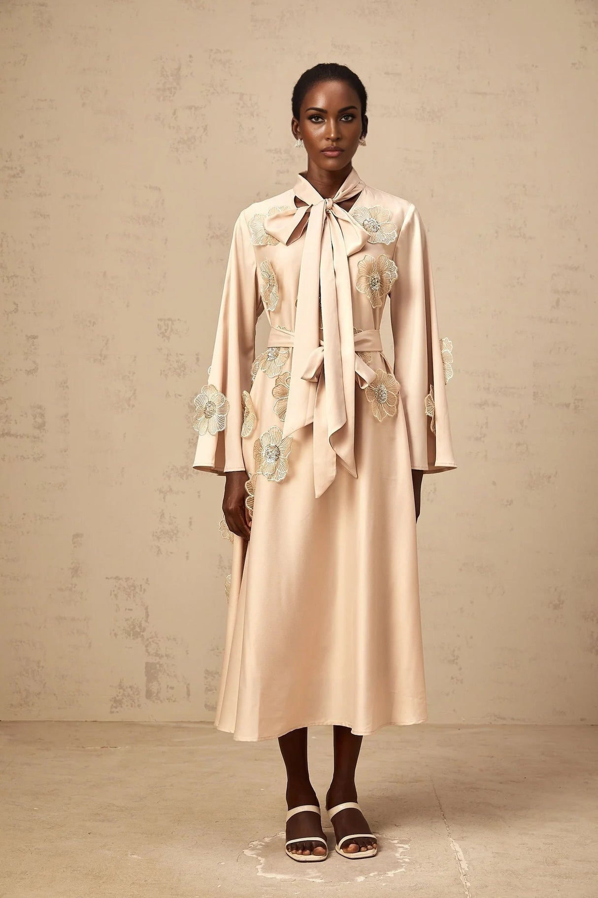 Madisyn Midi Dress Floral Appliqu Beaded Sequin A - Line Runway Fashion