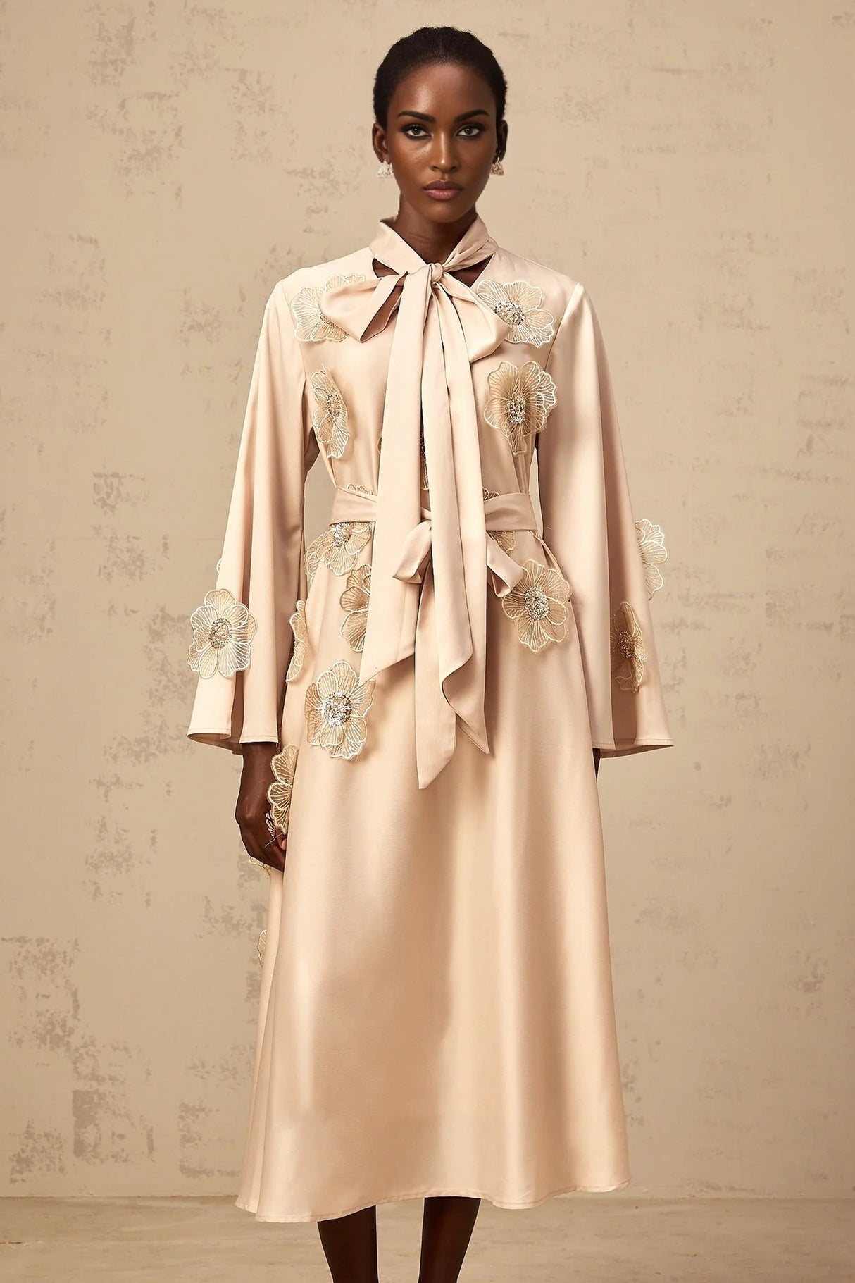 Madisyn Midi Dress Floral Appliqu Beaded Sequin A - Line Runway Fashion