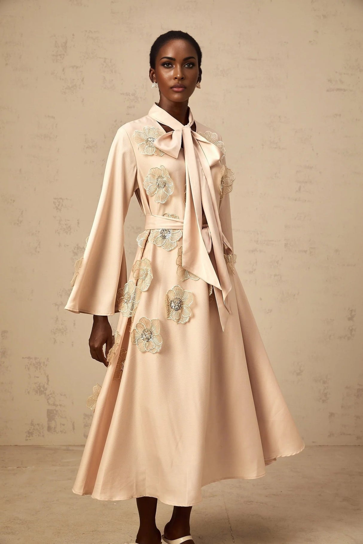 Madisyn Midi Dress Floral Appliqu Beaded Sequin A - Line Runway Fashion