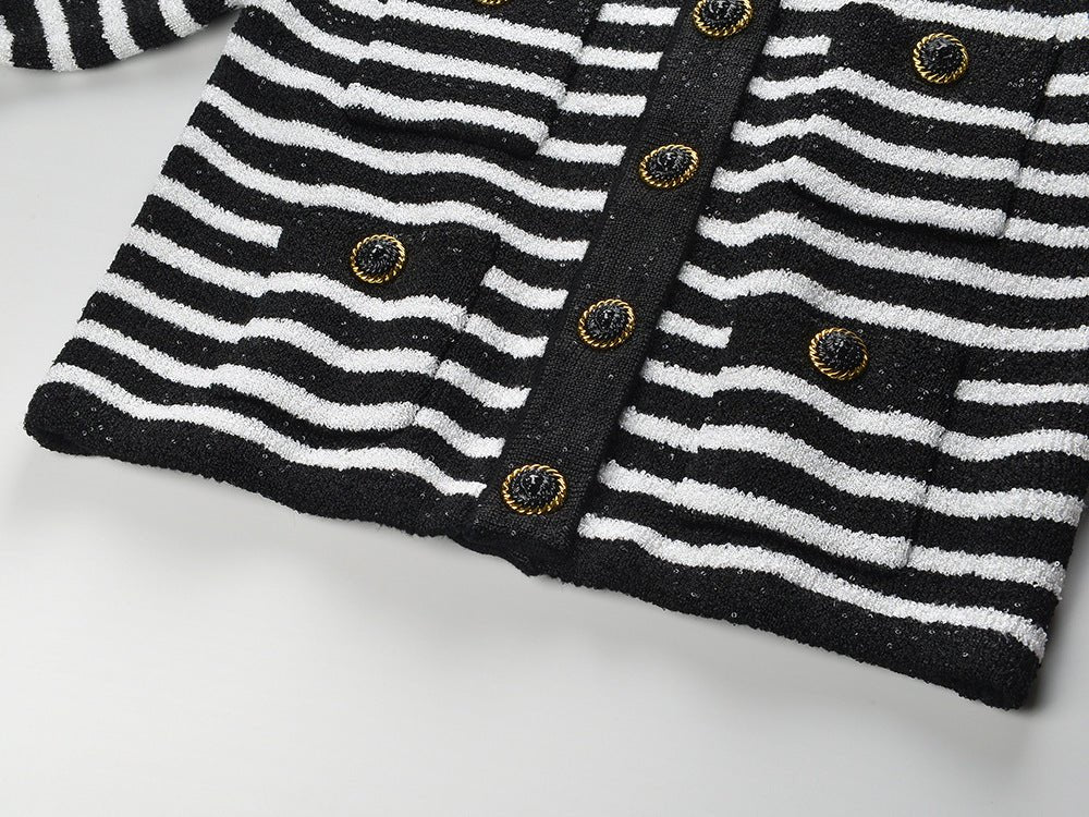 Maeve Cardigan - Fitted Silhouette - Striped Pattern - Slim Fit - Gold - Tone Buttons - Versatile Styling