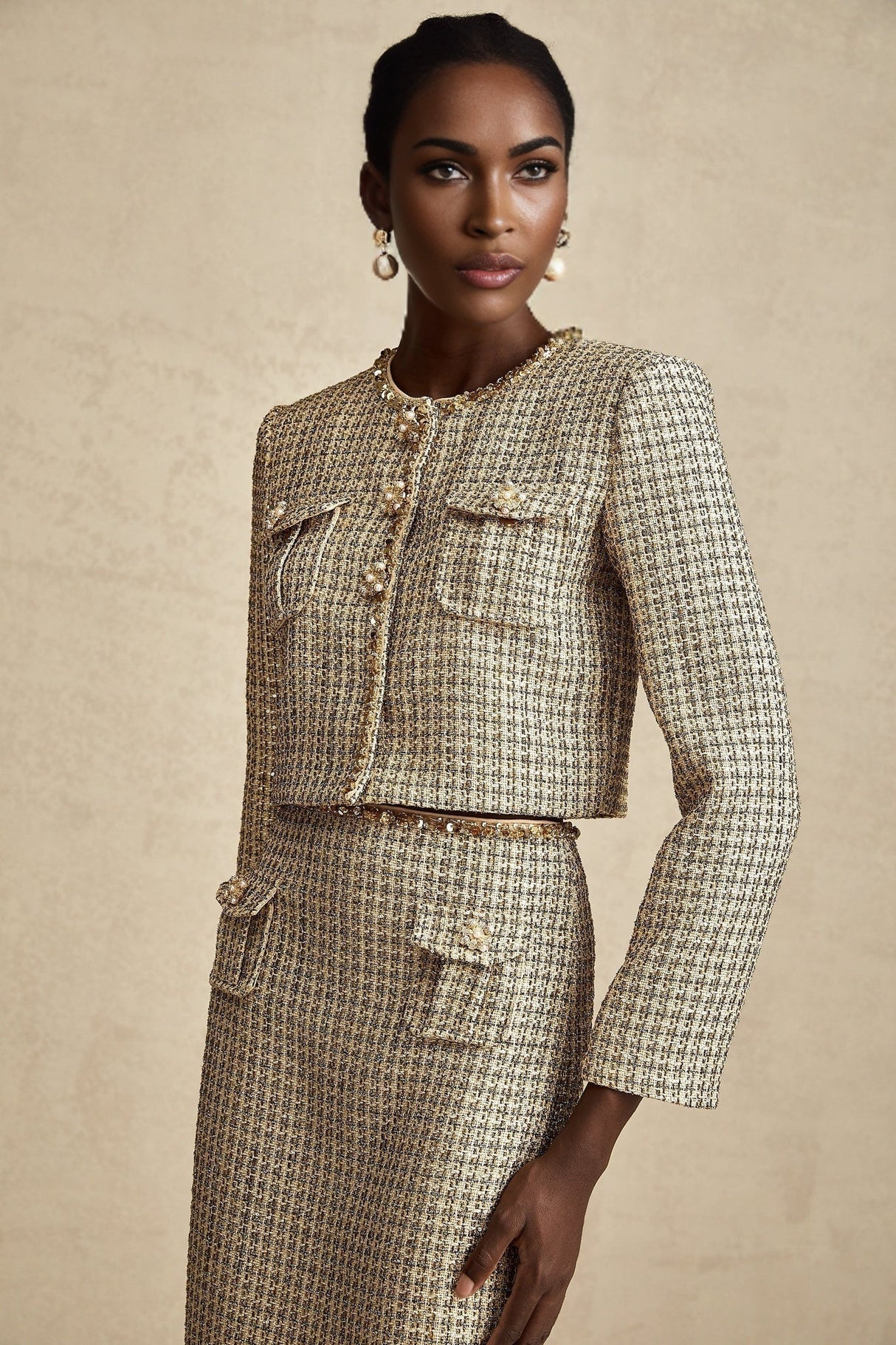 Maeve Jacket & Skirt Gold Tweed Sequin Set