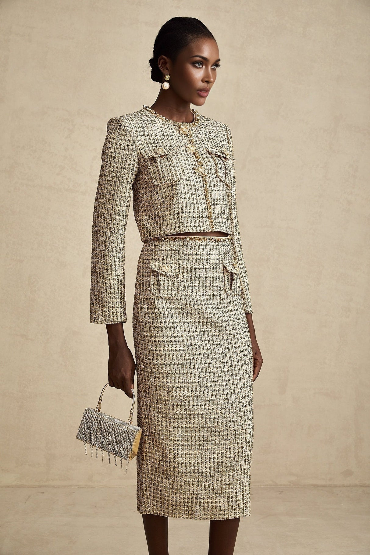 Maeve Jacket & Skirt Gold Tweed Sequin Set