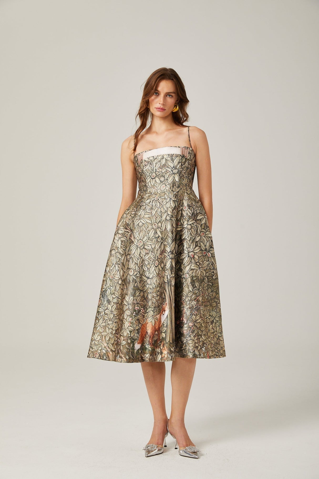 Maeve Midi Dress Green Jungle Print Flared Skirt & Spaghetti Straps Chic Style