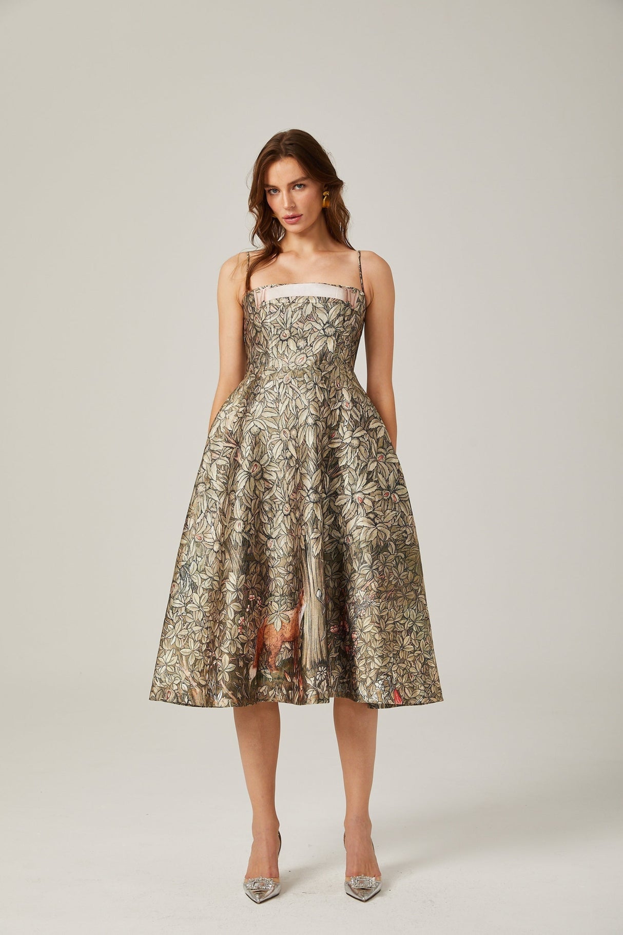 Maeve Midi Dress Green Jungle Print Flared Skirt & Spaghetti Straps Chic Style