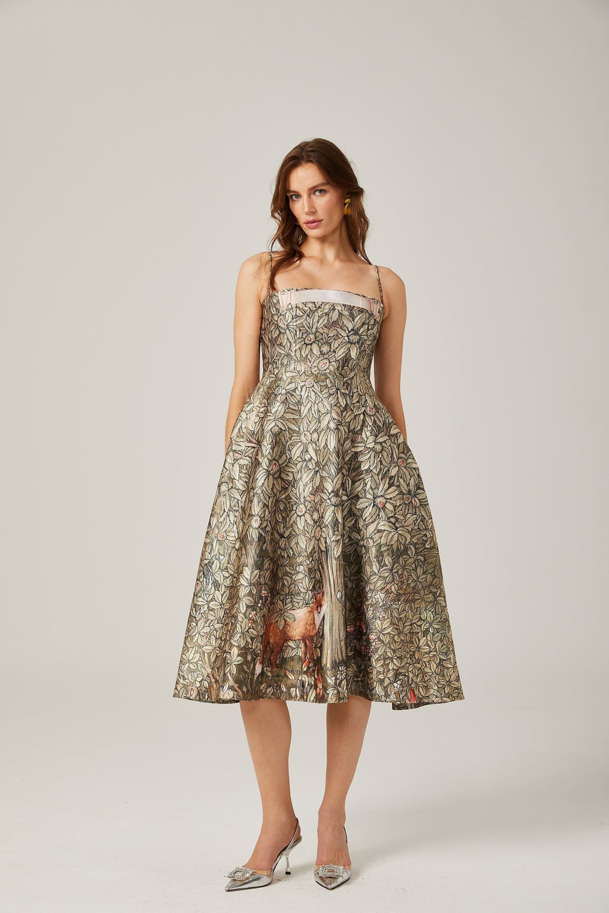 Maeve Midi Dress Green Jungle Print Flared Skirt & Spaghetti Straps Chic Style