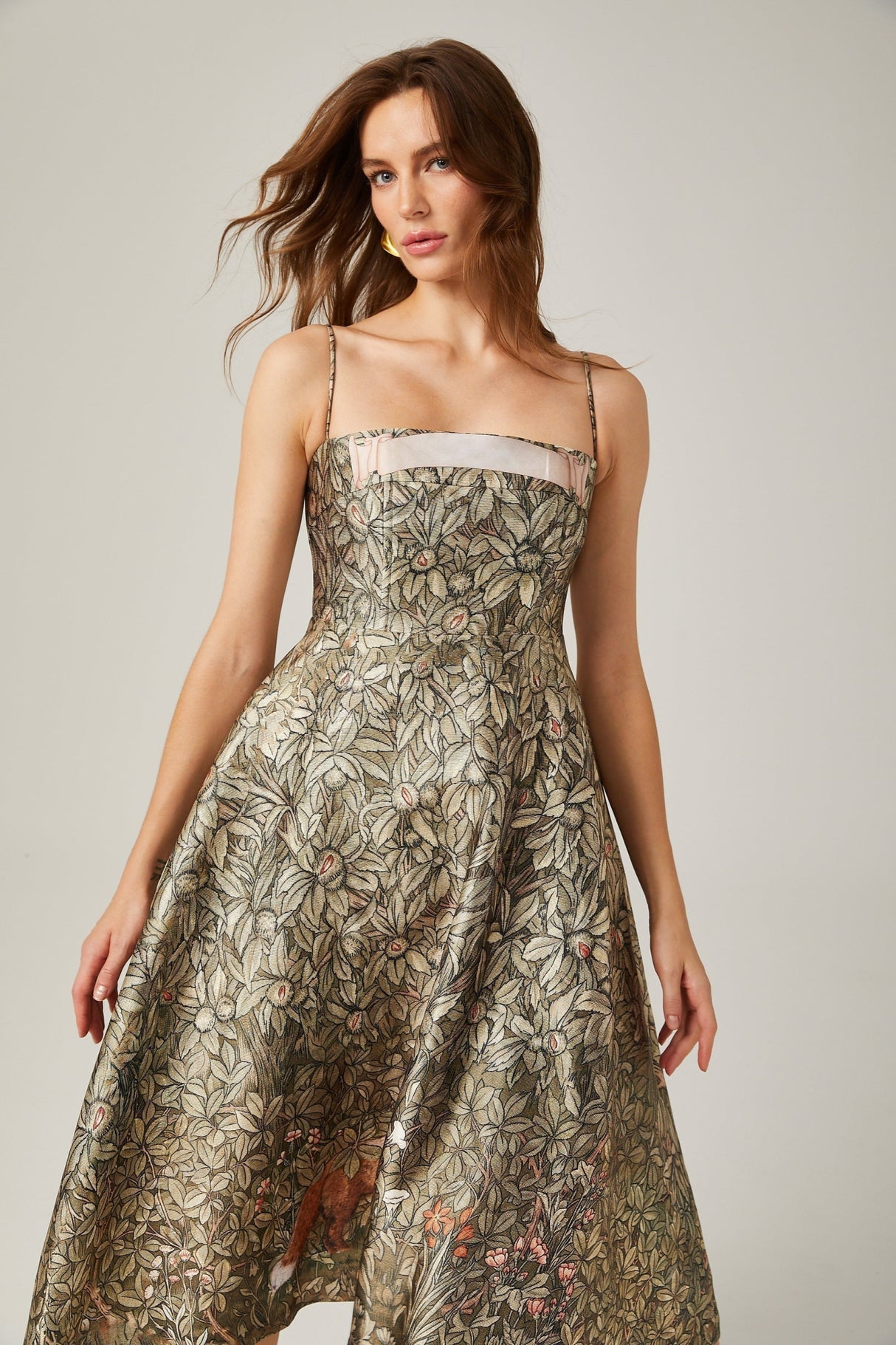 Maeve Midi Dress Green Jungle Print Flared Skirt & Spaghetti Straps Chic Style