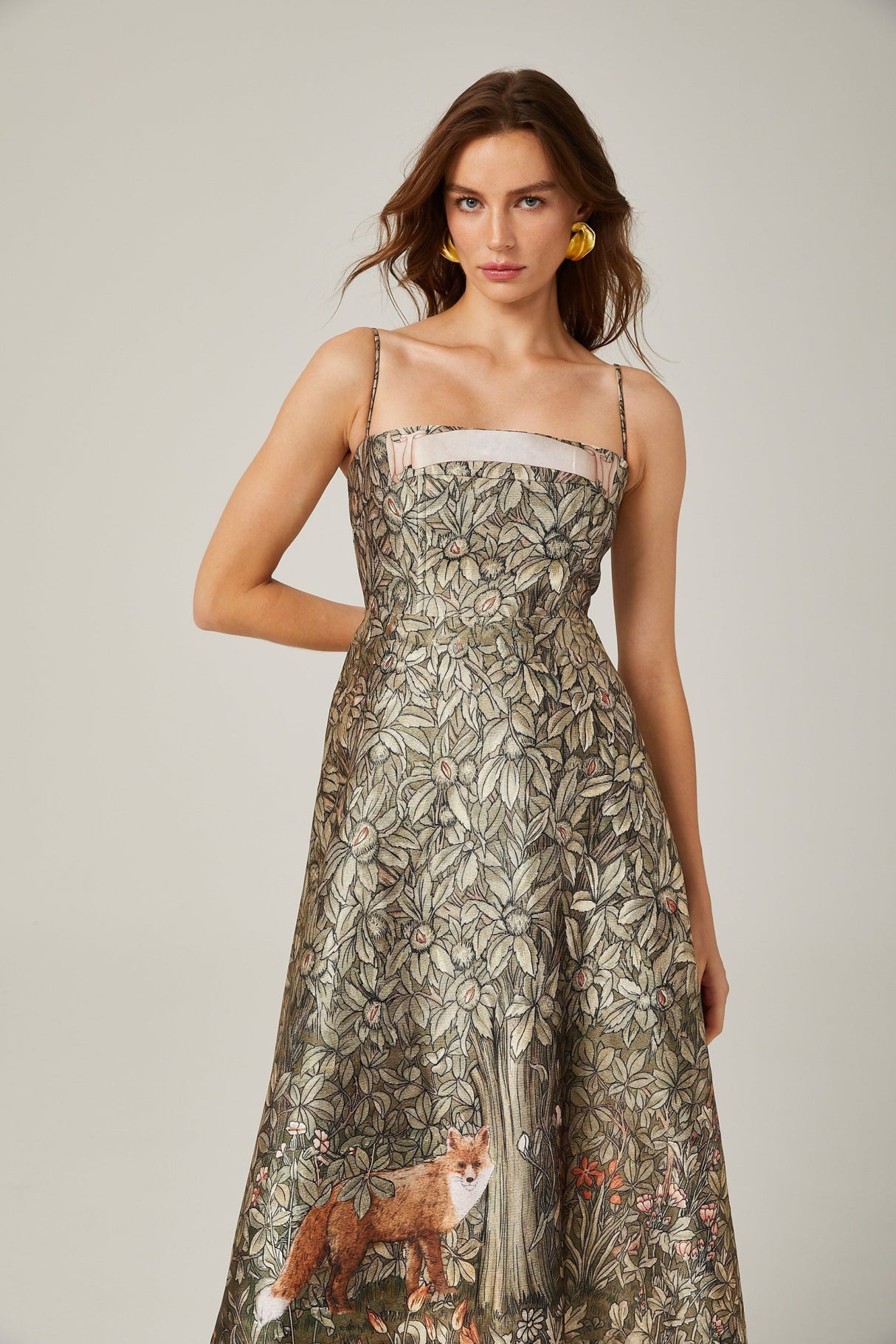Maeve Midi Dress Green Jungle Print Flared Skirt & Spaghetti Straps Chic Style