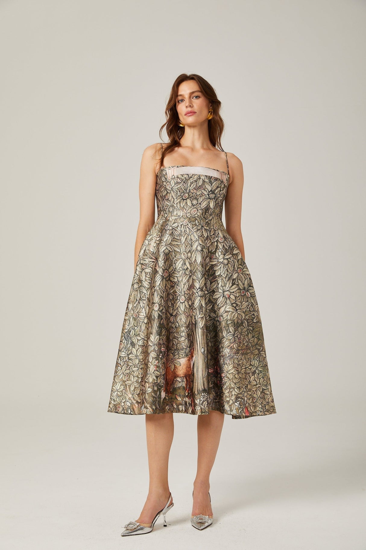 Maeve Midi Dress Green Jungle Print Flared Skirt & Spaghetti Straps Chic Style