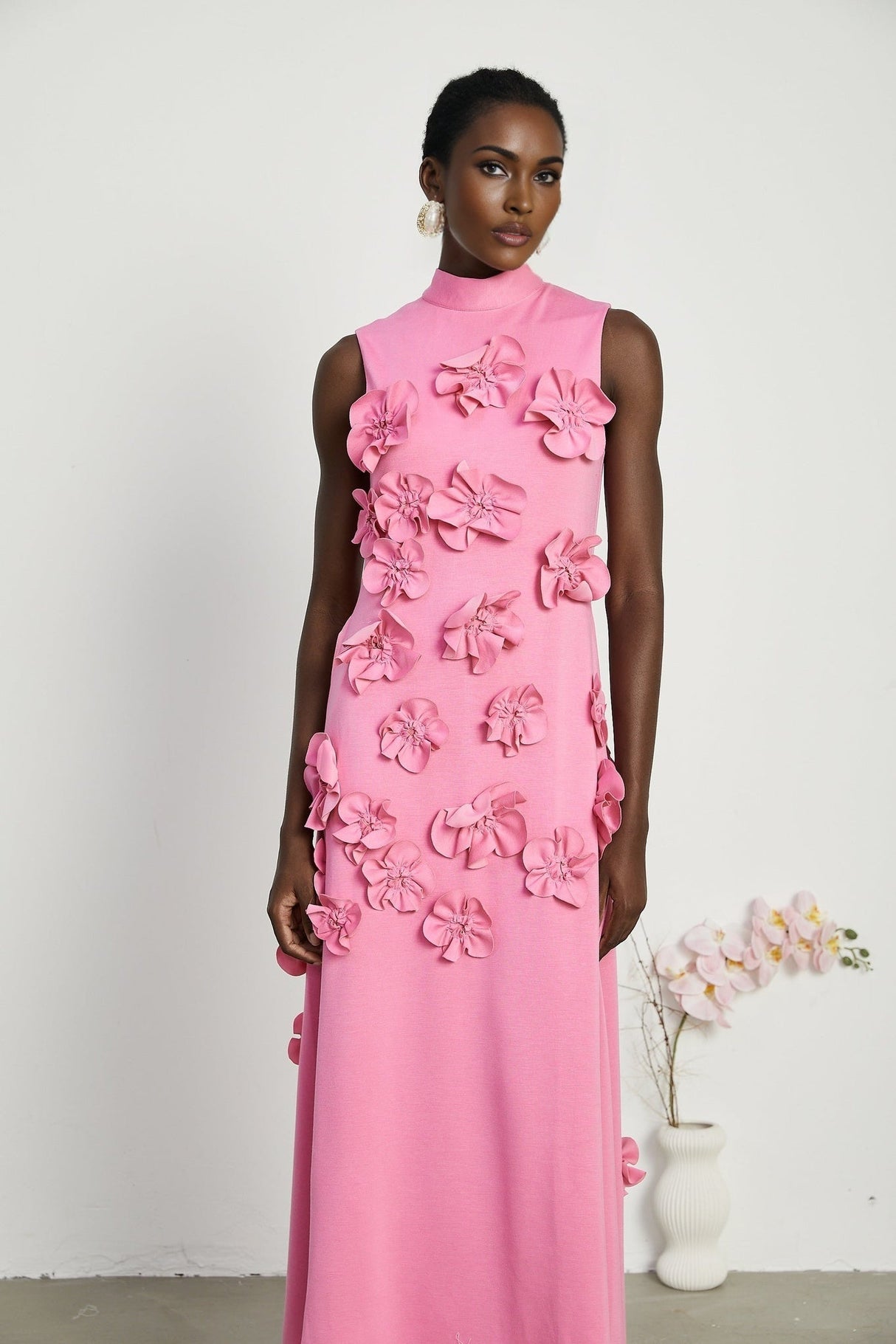 Magali Pink Sleeveless Maxi Dress With 3D Floral Appliqués and Pockets