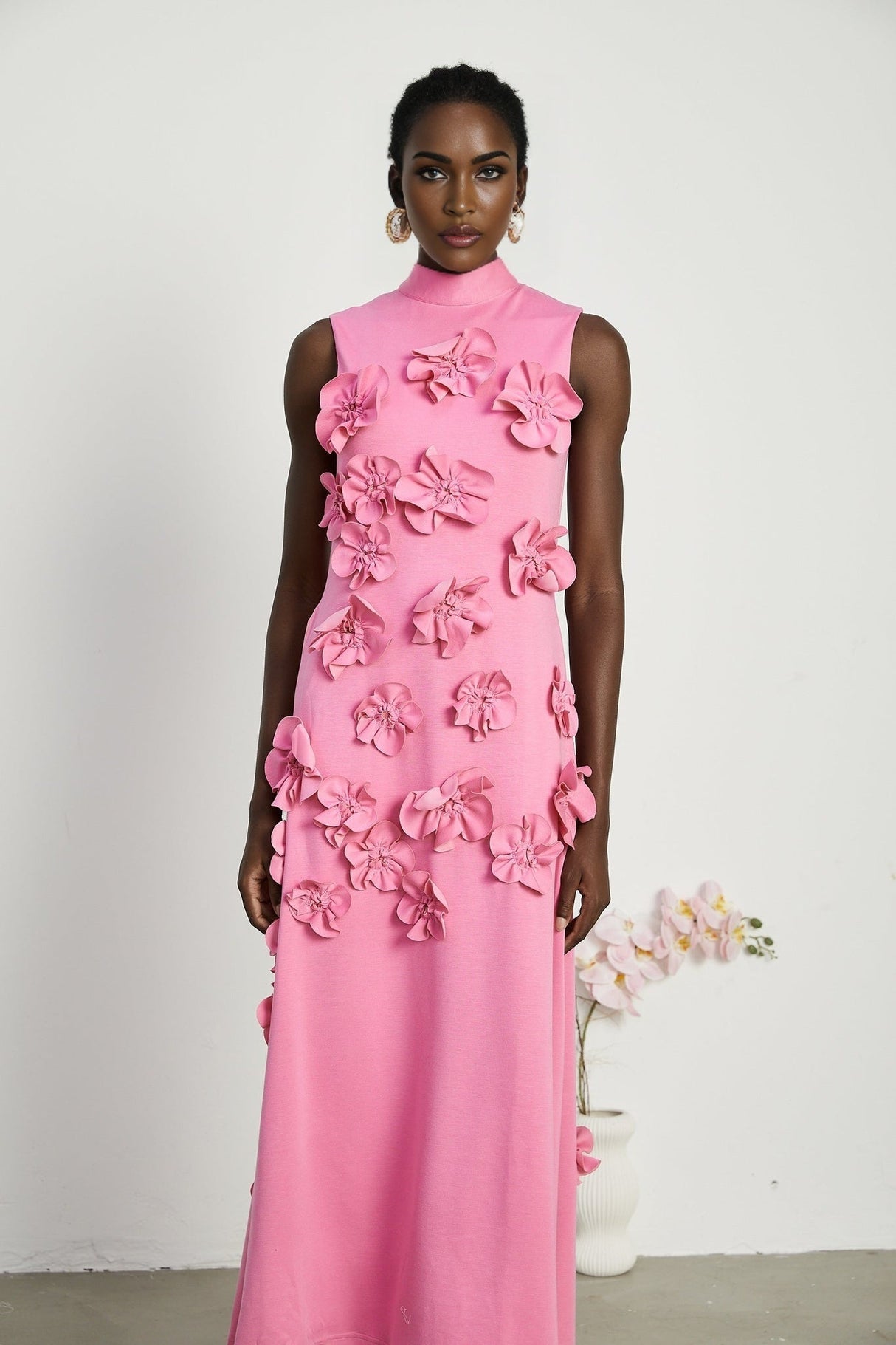 Magali Pink Sleeveless Maxi Dress With 3D Floral Appliqués and Pockets