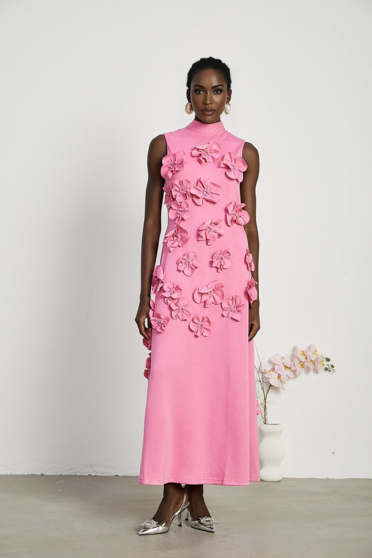 Magali Pink Sleeveless Maxi Dress With 3D Floral Appliqués and Pockets