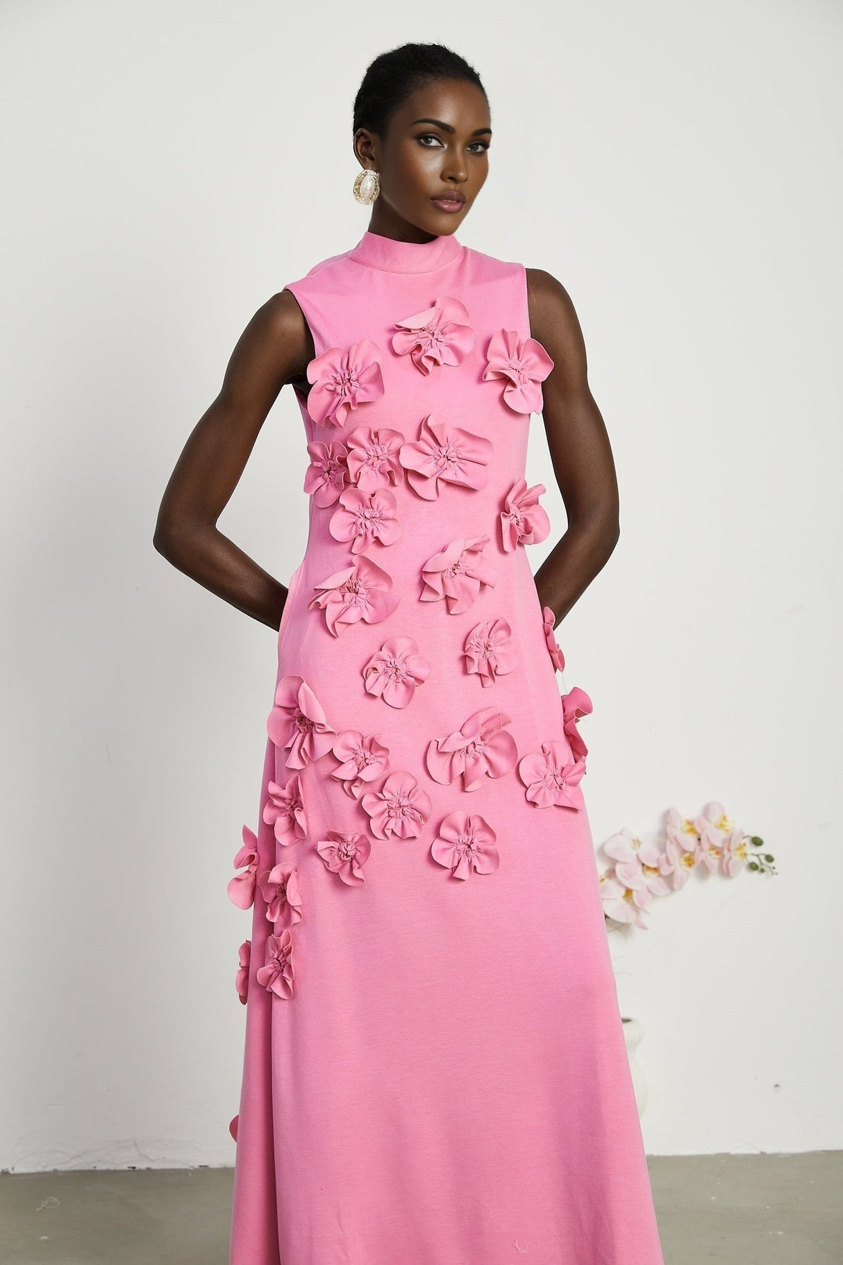 Magali Pink Sleeveless Maxi Dress With 3D Floral Appliqués and Pockets
