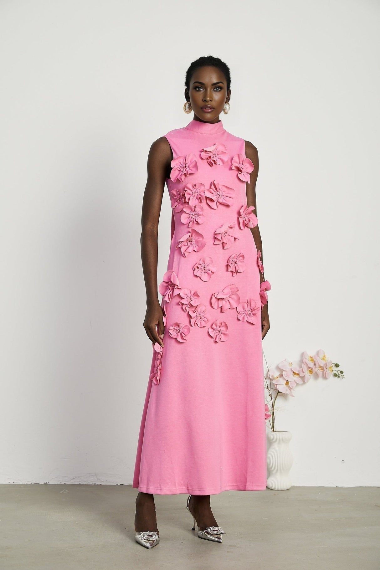 Magali Pink Sleeveless Maxi Dress With 3D Floral Appliqués and Pockets