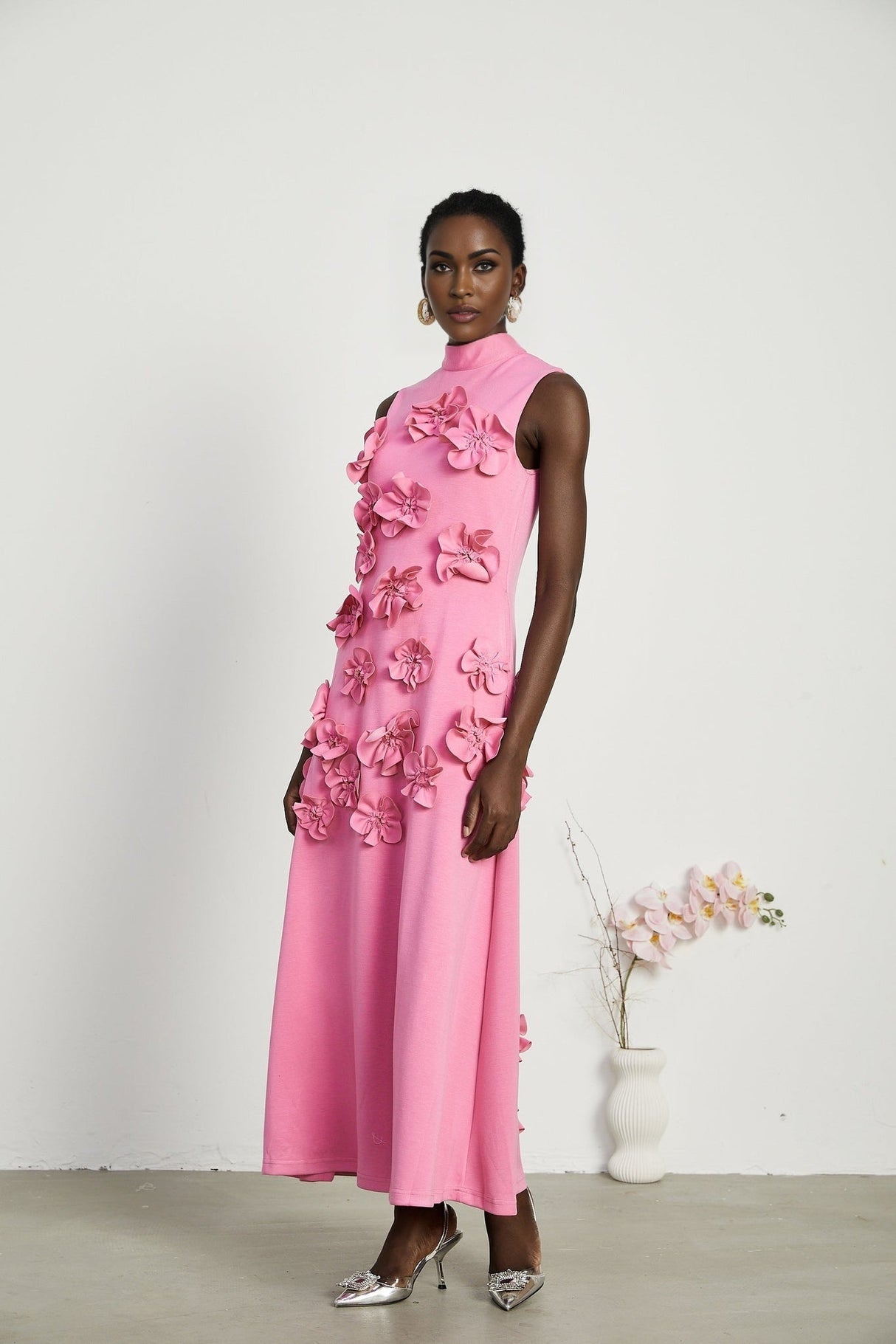 Magali Pink Sleeveless Maxi Dress With 3D Floral Appliqués and Pockets