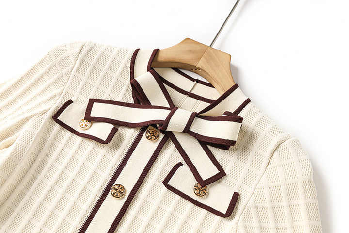 Maia Dress - Tailored Bodice - Flared a - Line Skirt - Elegant Knit Texture - Cinched Waist - Bow - Tie Detail