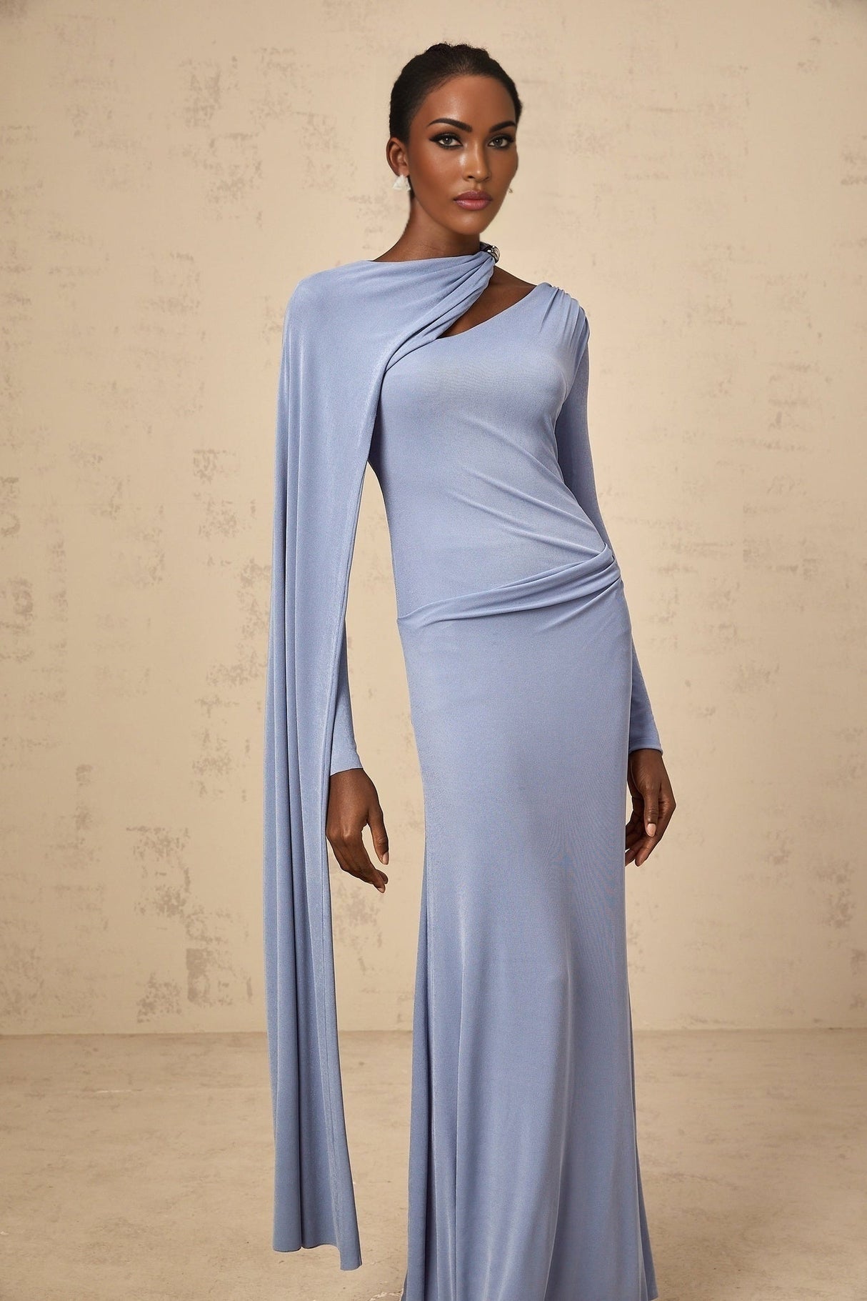 Maia Maxi Dress in Blue with Diagonal - Shawl Design & Ruched Detailing