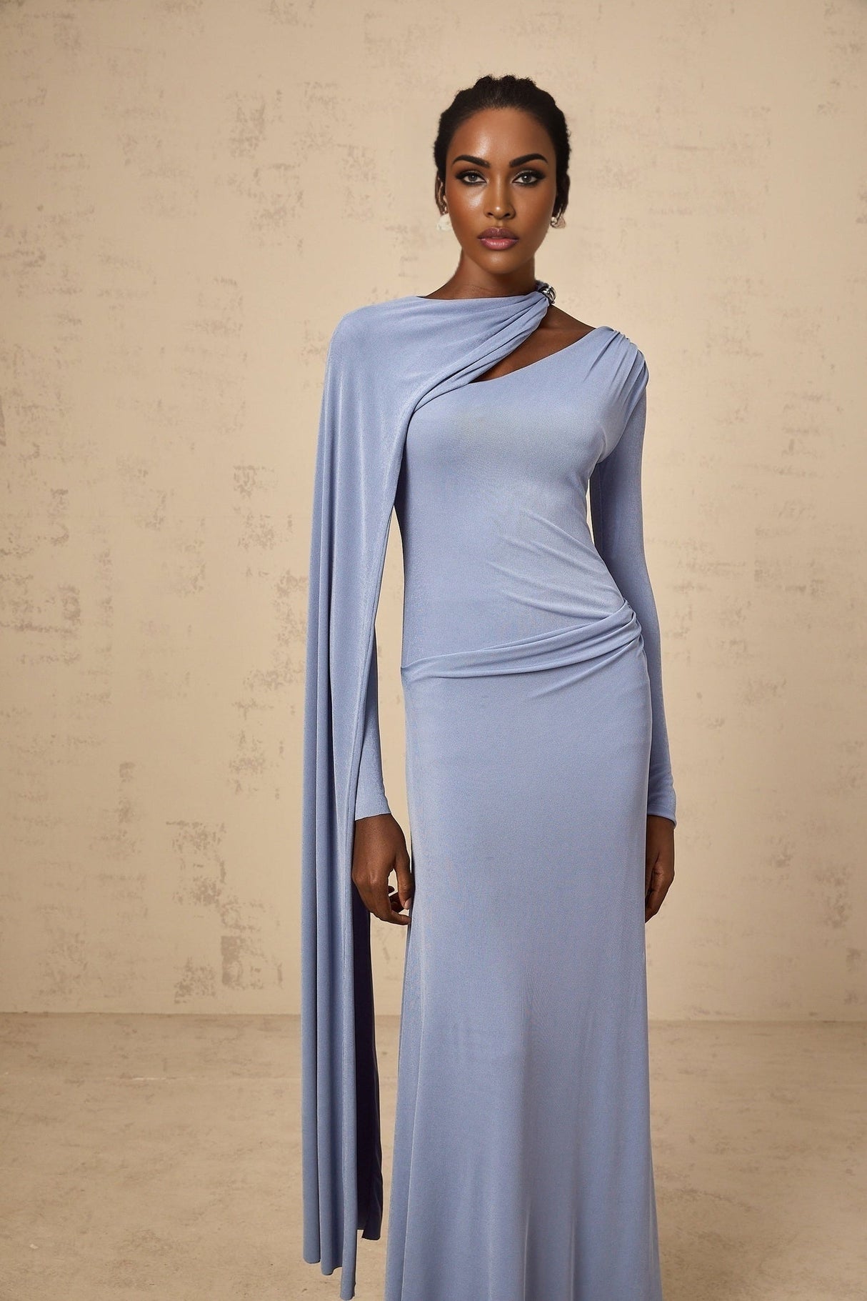Maia Maxi Dress in Blue with Diagonal - Shawl Design & Ruched Detailing