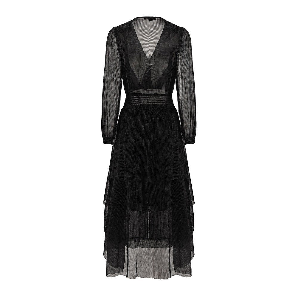 Maia Maxi Dress - Layered Design - Pleated V - neckline - Fitted Bodice - Flared Skirt - Sheer Details